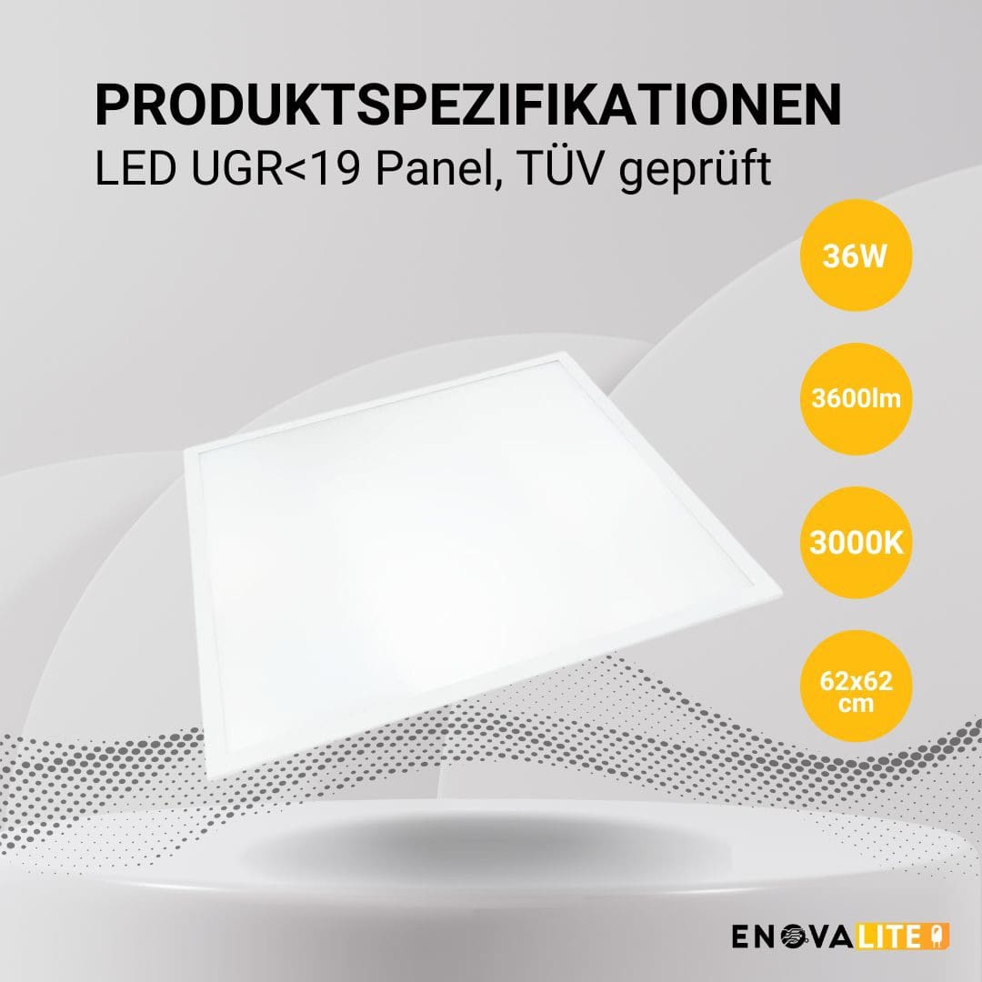 ENOVALITE LED-Panel, 36 W, 3600 lm, EEK: F, 620x620 mm, 3000 K, 90° Abstrahlwinkel, UGR >19