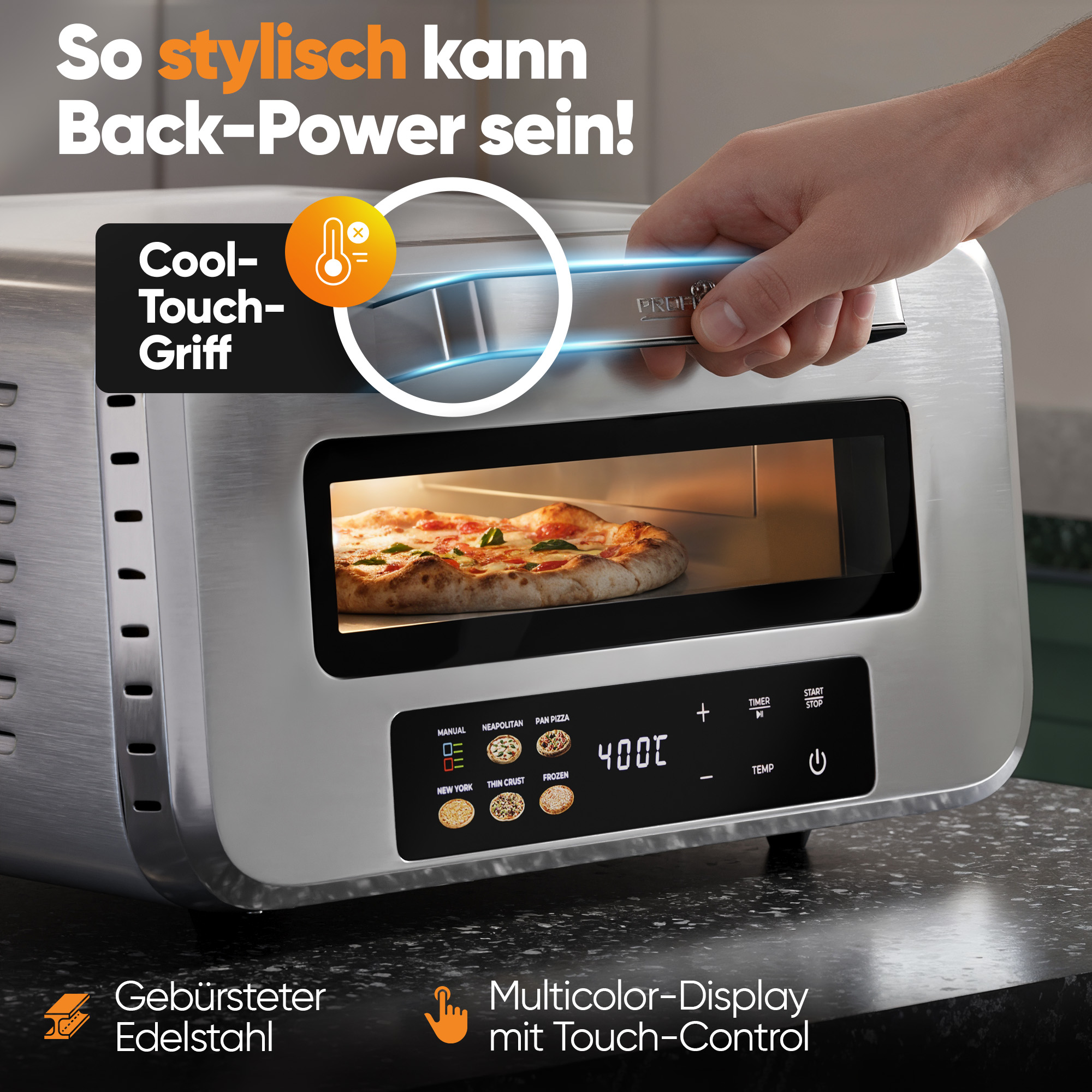 PROFICOOK Pizzaofen PC-PO 1323, inkl. Pizzastein & Pizzaheber, 400°C