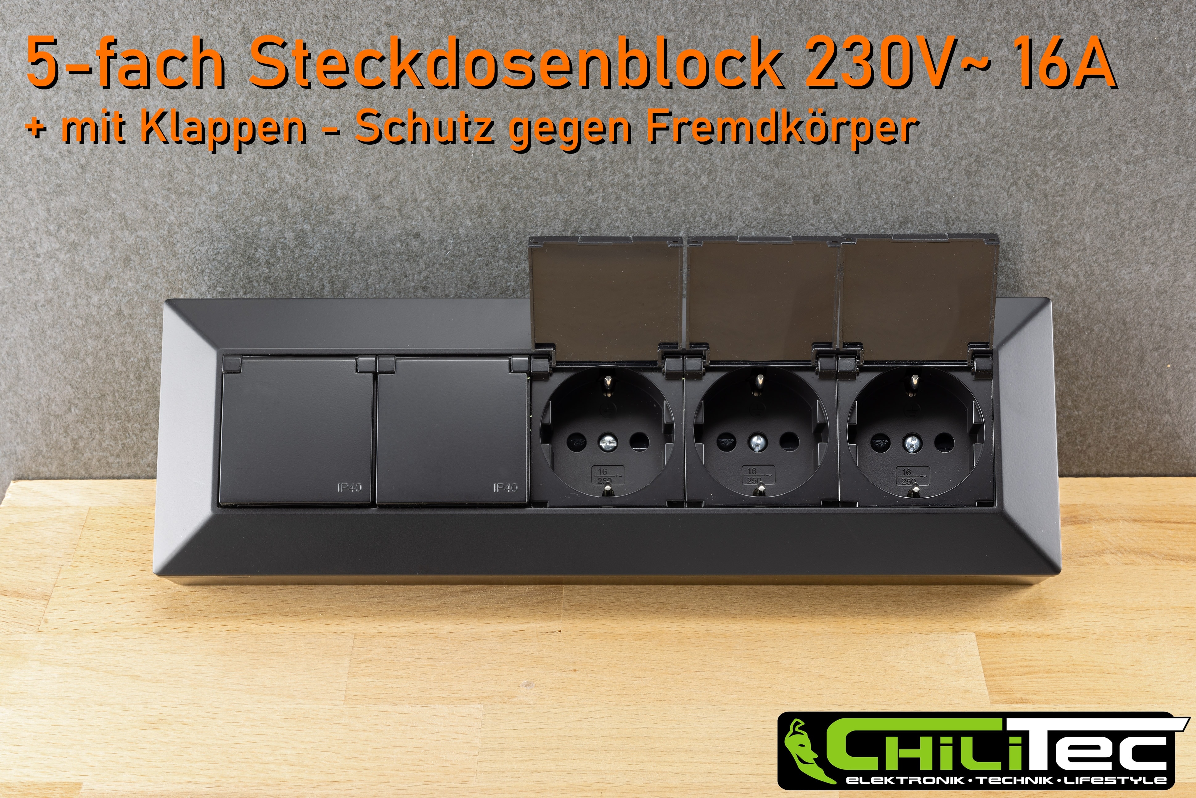 CHILITEC Steckdosenblock 23943, 5-fach, mit Schutzklappen, 250V/16A, schwarz