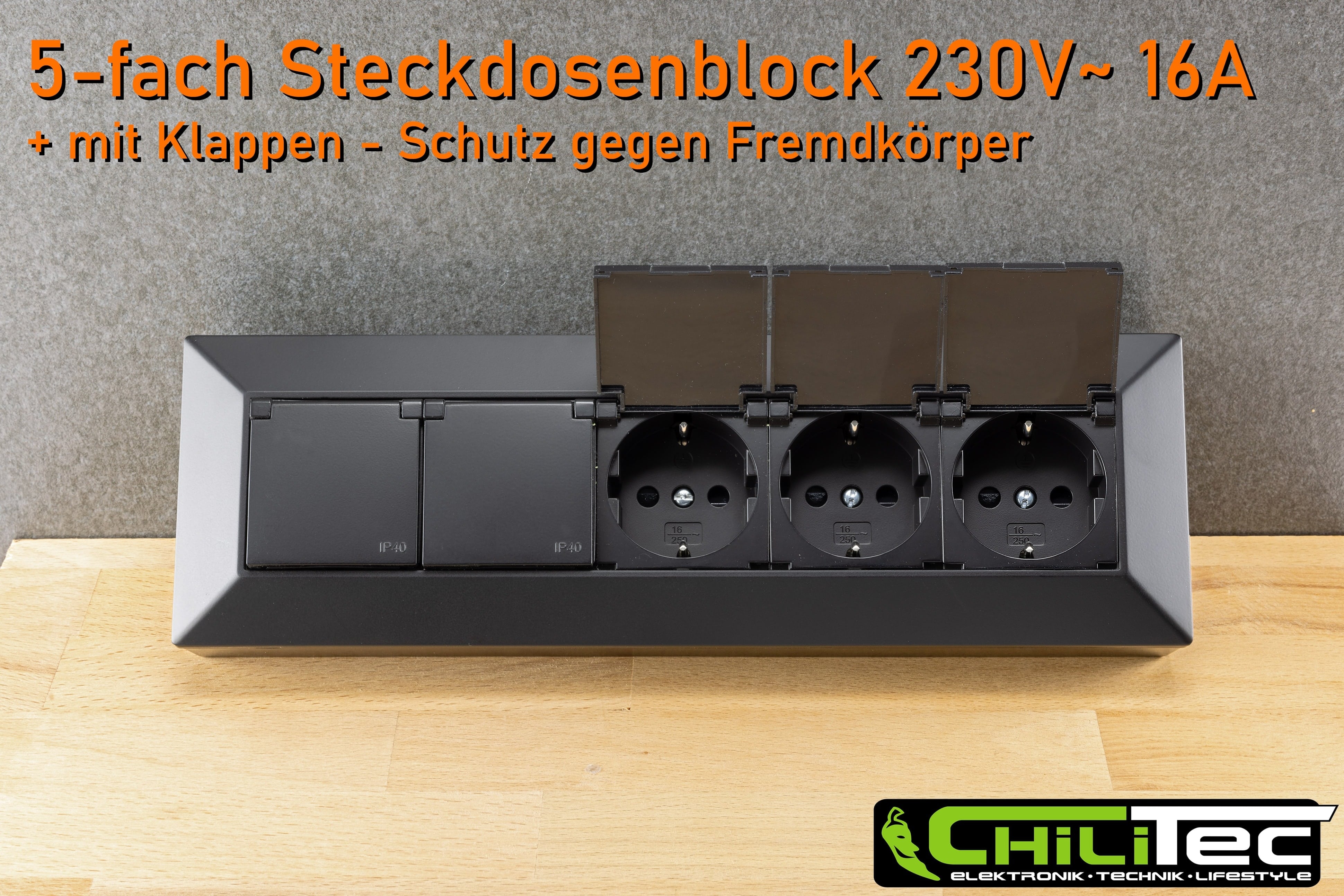 CHILITEC Steckdosenblock 23943, 5-fach, mit Schutzklappen, 250V/16A, schwarz CHILITEC Steckdosenblock 23943, 5-fach, mit Schutzklappen, 250V/16A, schwarz