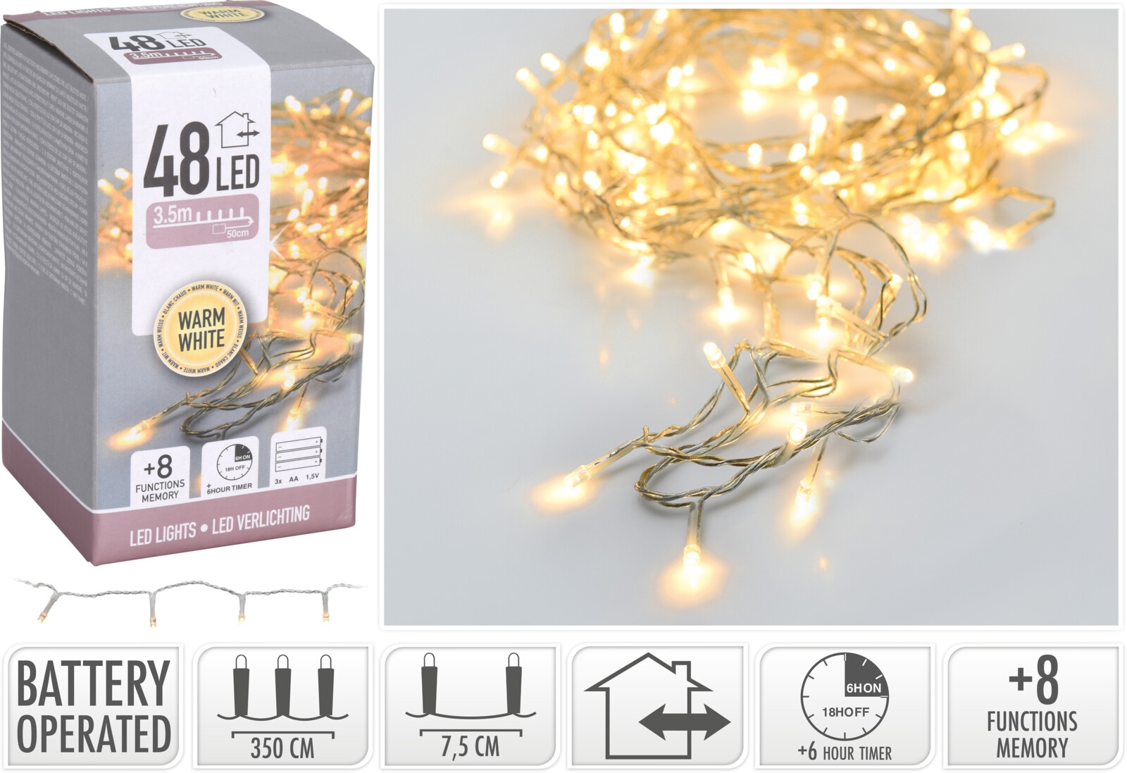 LED-Lichterkette, 48 LEDs,warmweiß, transp. Kabel, Innen u. Außen, Batteriebetrieben, 3,50m KOOPMAN LED-Lichterkette, 48 LEDs,warmweiß, transp. Kabel, Innen u. Außen, Batteriebetrieben, 3,50m