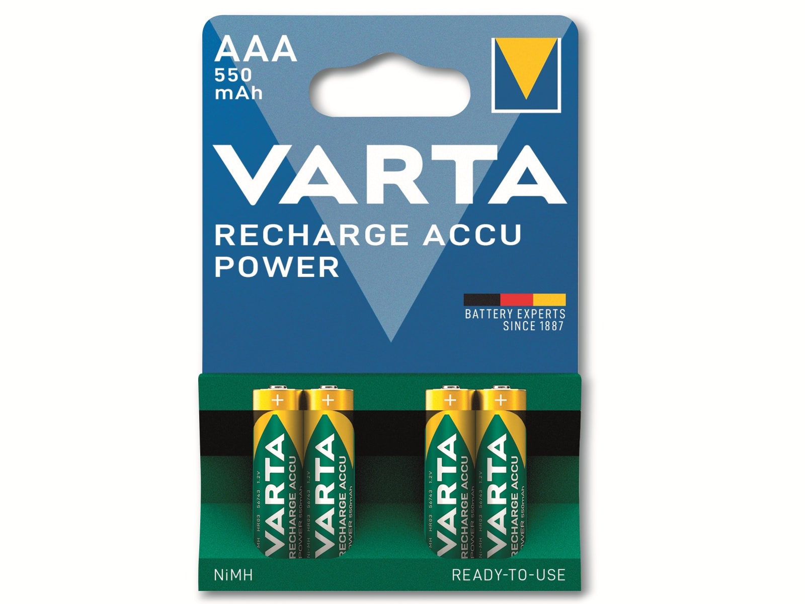 VARTA Akku NiMH, Micro, AAA, HR03, 1.2V/550mAh, Accu Power, Pre-charged, 4er Pack