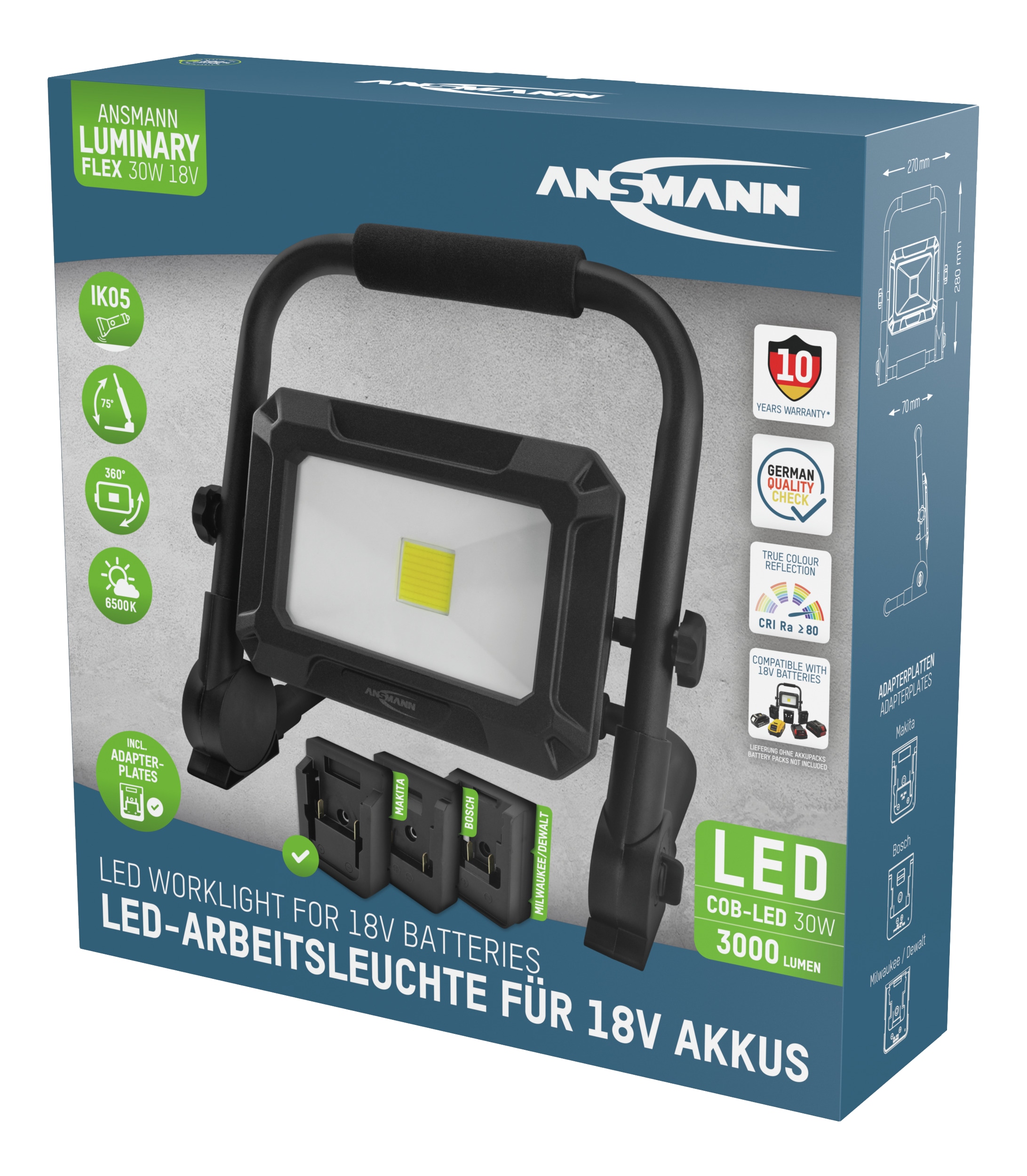 ANSMANN LED-Arbeitsstrahler, 18 V-, 30 W, inkl. 3 Akku-Adapterplatten, schwarz