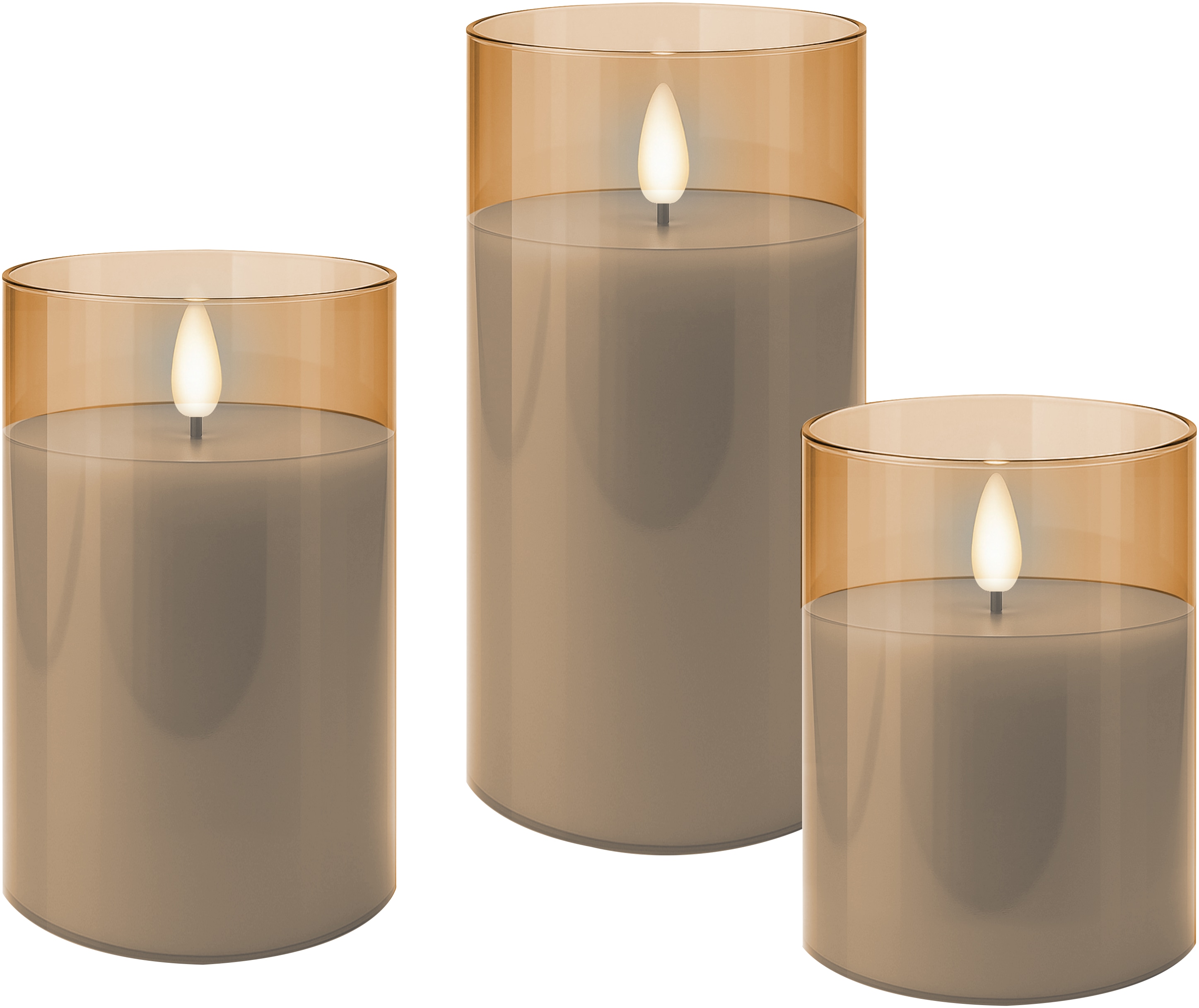 GOOBAY LED-Echtwachskerzen, Glas, Timerfunktion, 3 Stück, warmweiß, grau