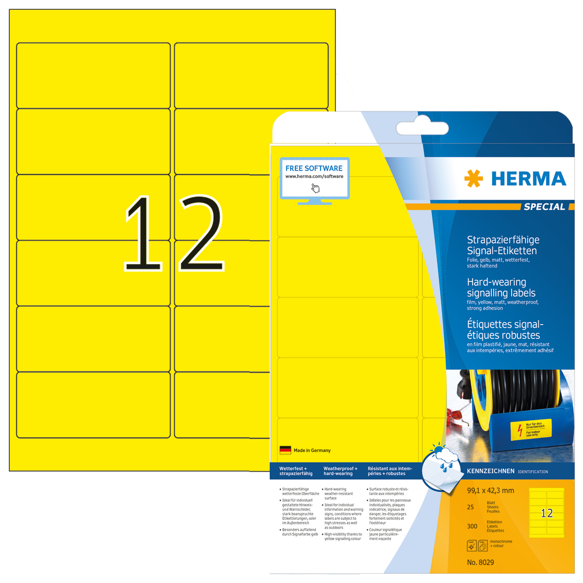 HERMA Signal-Etiketten A4, 99,1x42,3 mm, gelb, Folie, 300 Stück