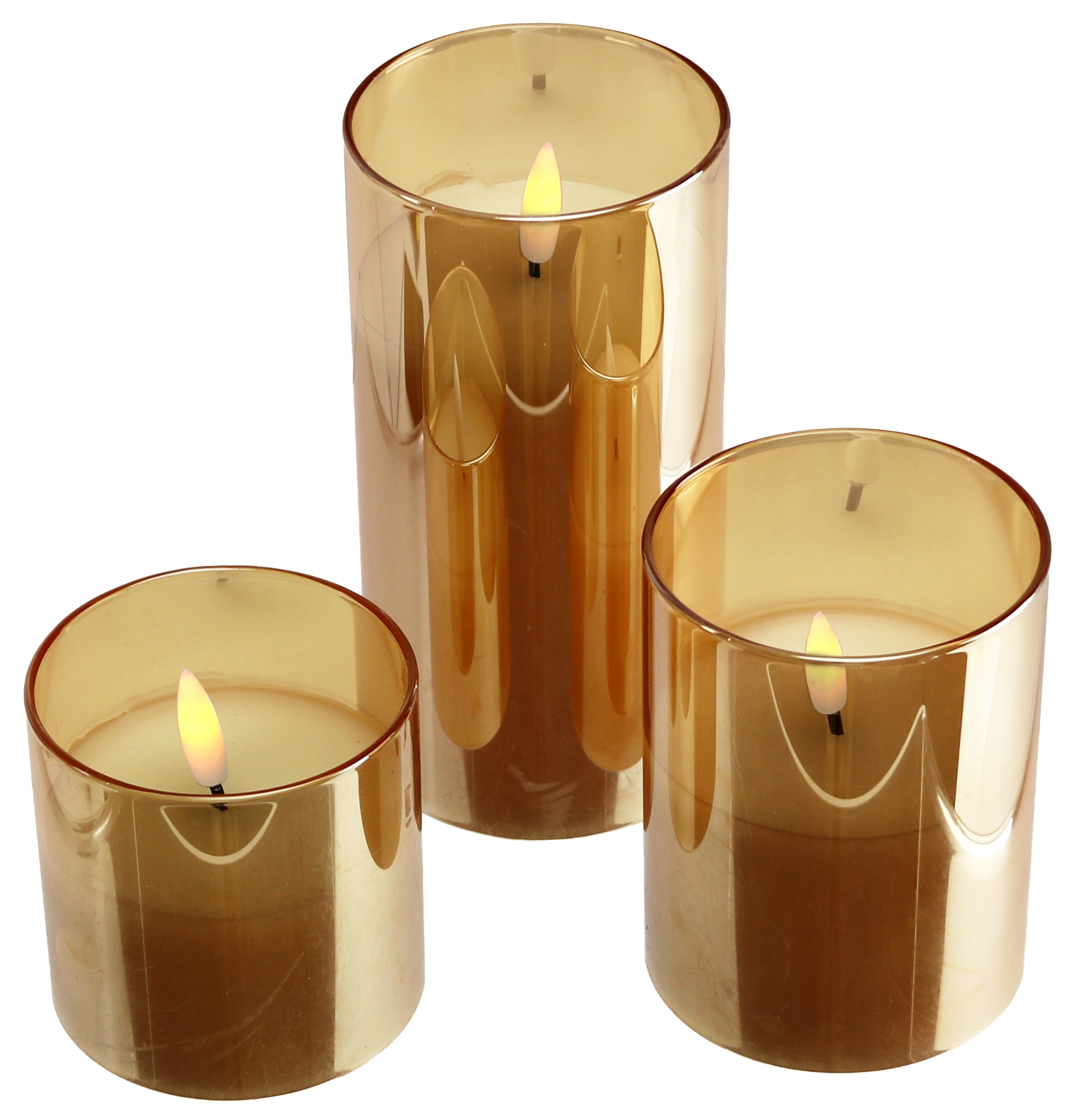 LED-Echtwachskerze, Glas, mit Timer, 3 Stück, gold LED-Echtwachskerze, Glas, mit Timer, 3 Stück, gold