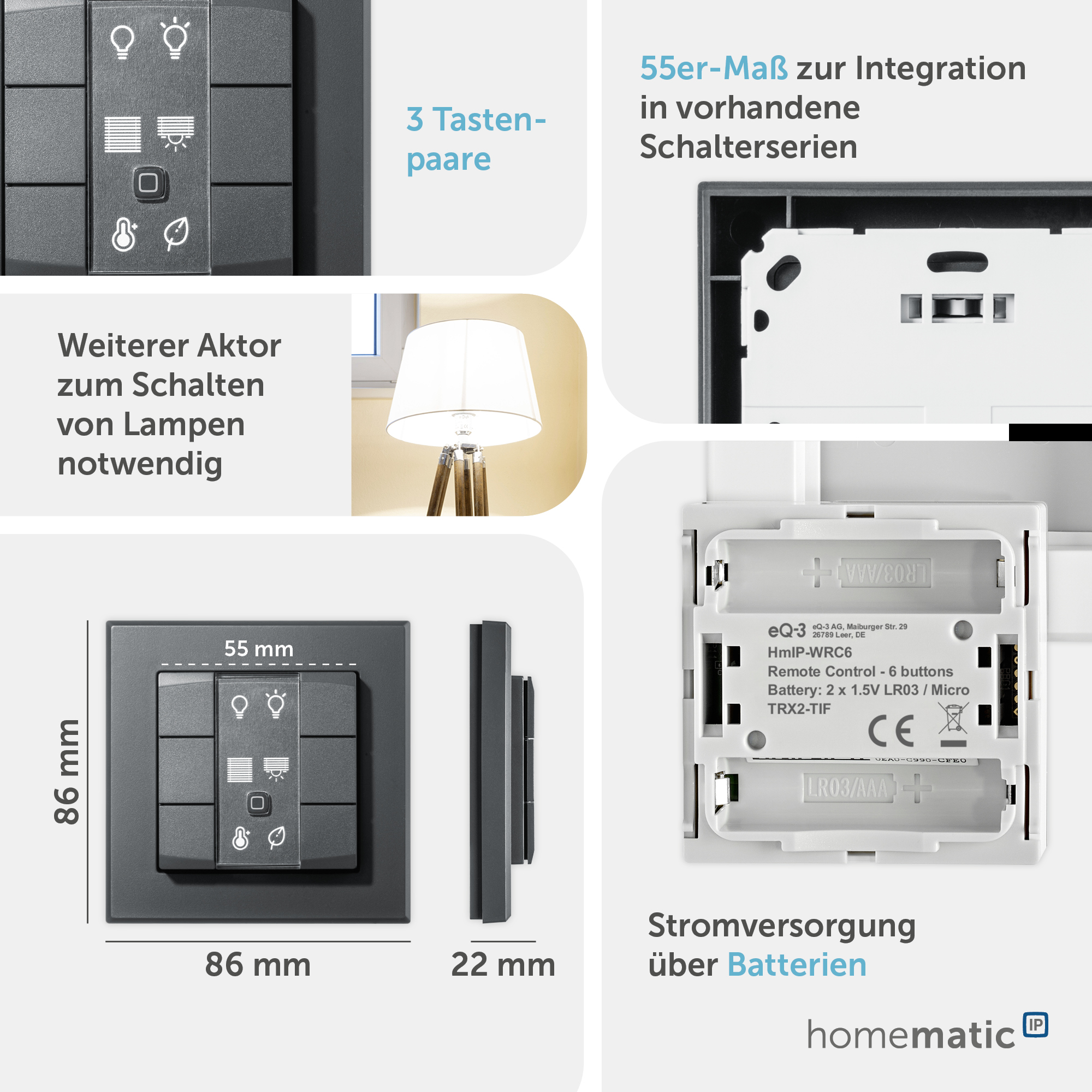 HOMEMATIC IP 159828A0, Wandtaster 6-fach, anthrazit