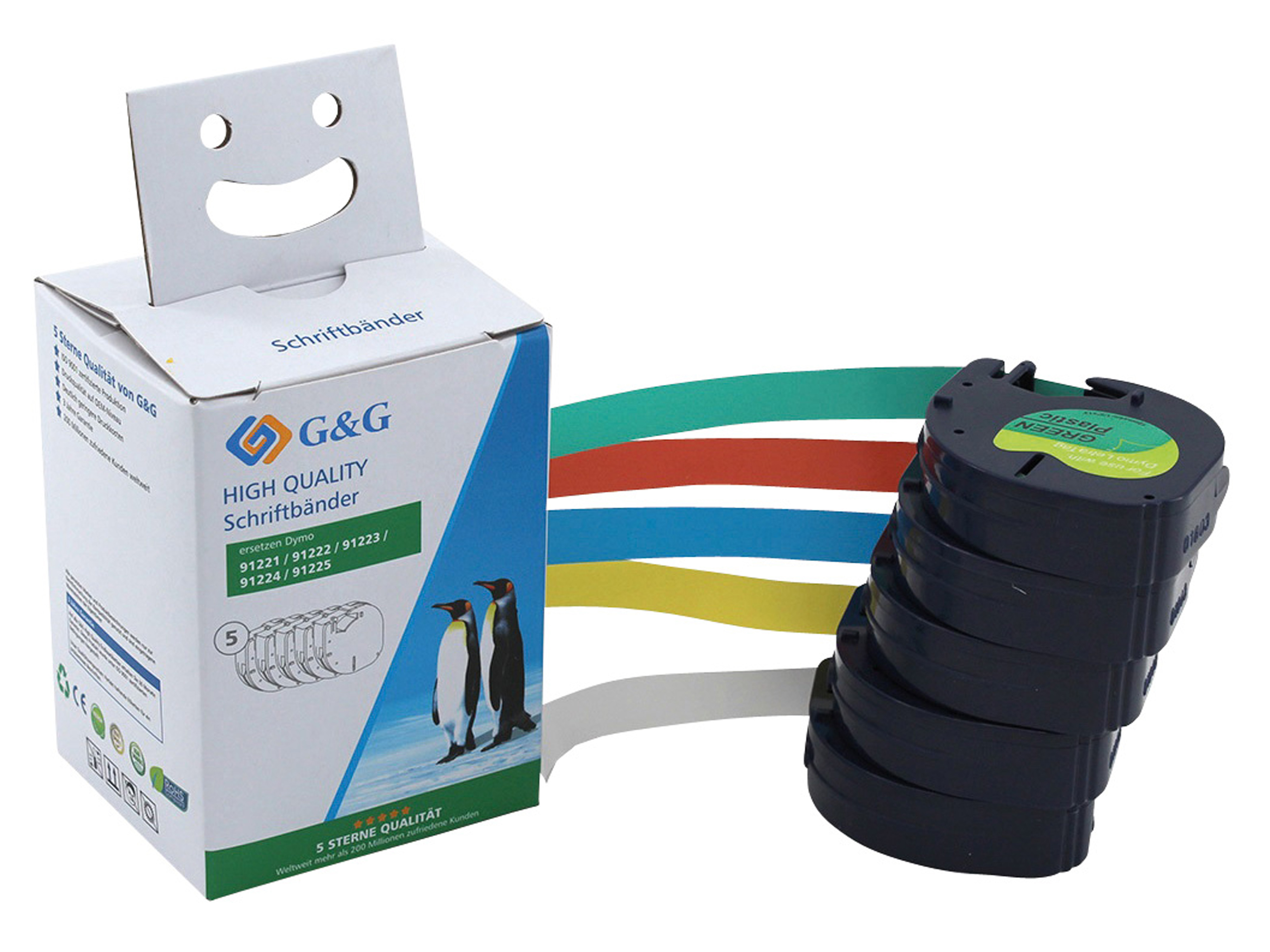 G&G Etiketten 5er Pack schwarz auf weiß/gelb/rot/grün/blau ersetzt 91221/ 91222/ 91223/ 91224/ 91225