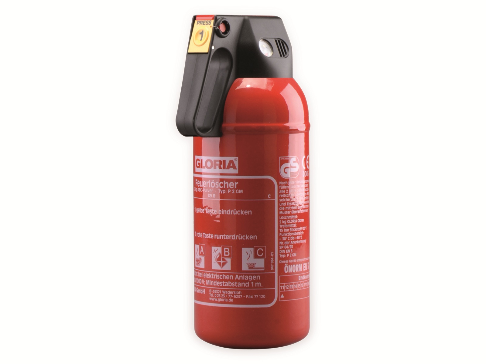 GLORIA Feuerlöscher P2GM, Pulver, 2 kg, Brandklasse 13A, 89B, mit Kfz-Halter GLORIA Feuerlöscher P2GM, Pulver, 2 kg, Brandklasse 13A, 89B, mit Kfz-Halter