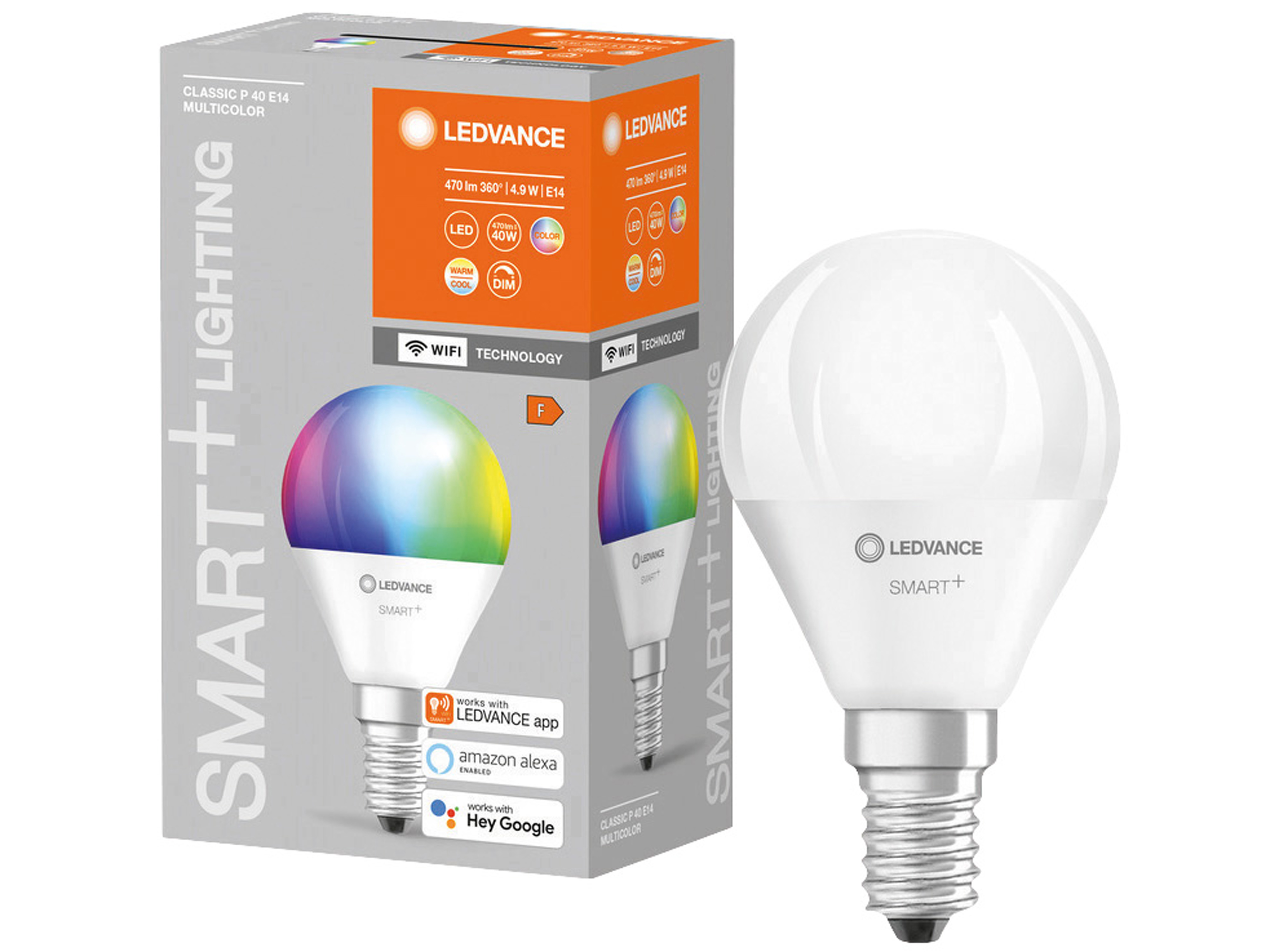 LEDVANCE LED-Lampe SMART+ WiFi Mini bulb, P46, E14, EEK: F, 4,9 W, 470 lm, 2700…6500 K, RGBW, Smart
