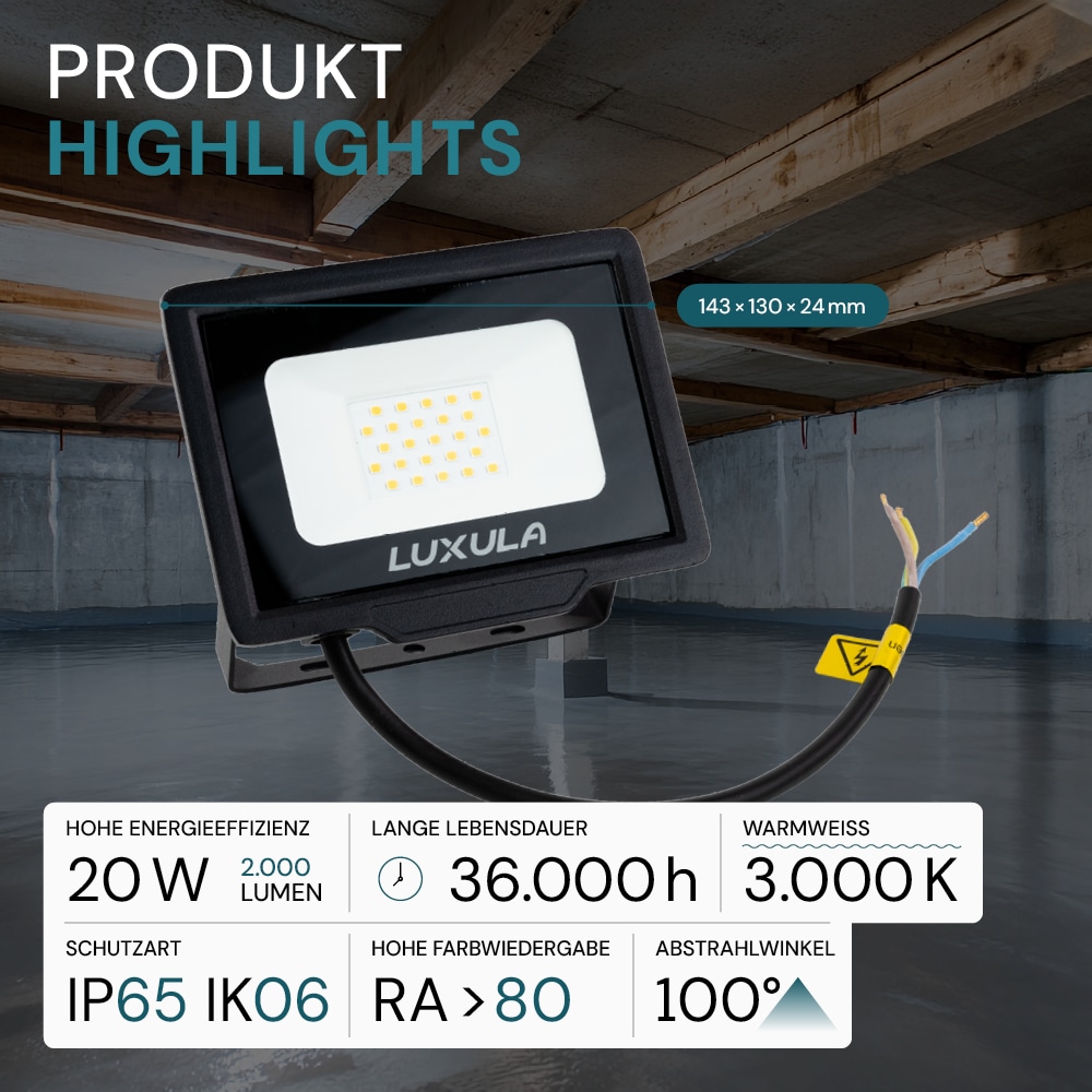 LUXULA LED-Fluter, EEK: F, 20W, 2000lm, 3000K, schwarz