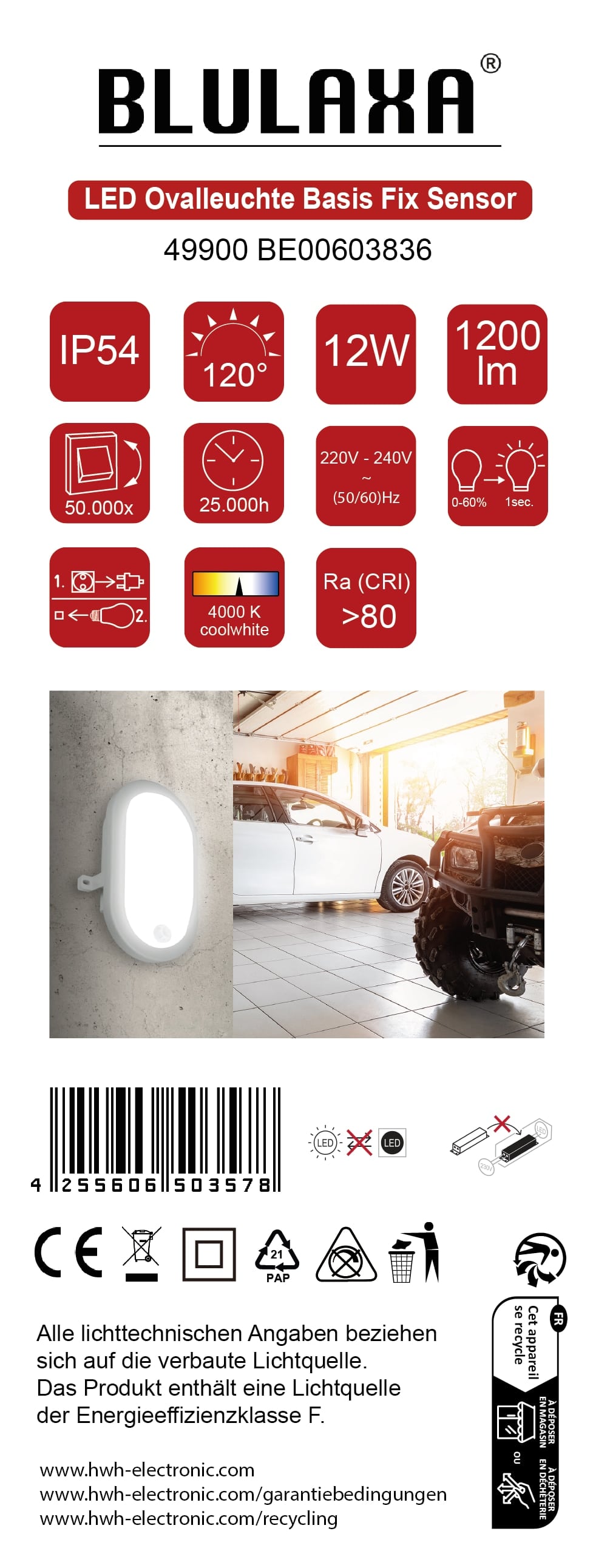 BLULAXA LED-Oval-Leuchte Basis Fix, IR-Sensor, 12W, 1200lm, 4000K, IP54