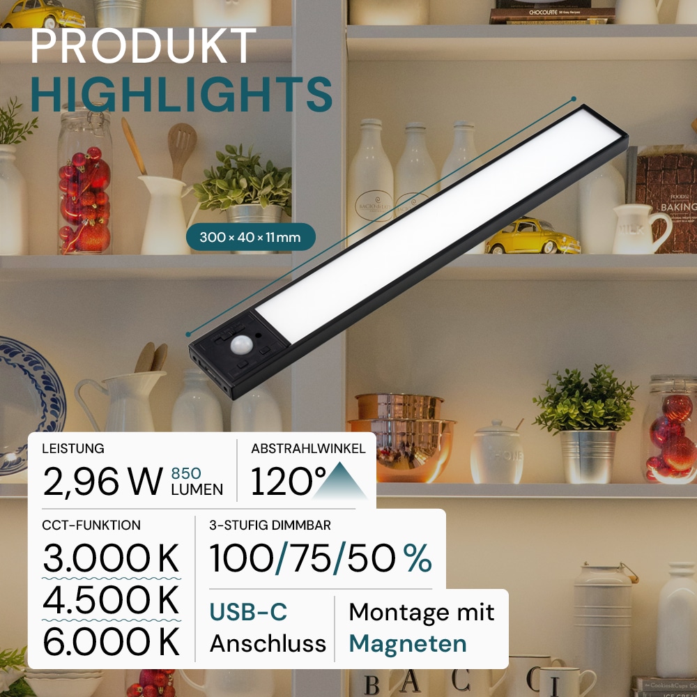 LUXULA LED-Schrankleuchte mit Bewegungsmelder, 2,96W, 850lm, CCT, IP20, schwarz, 30cm