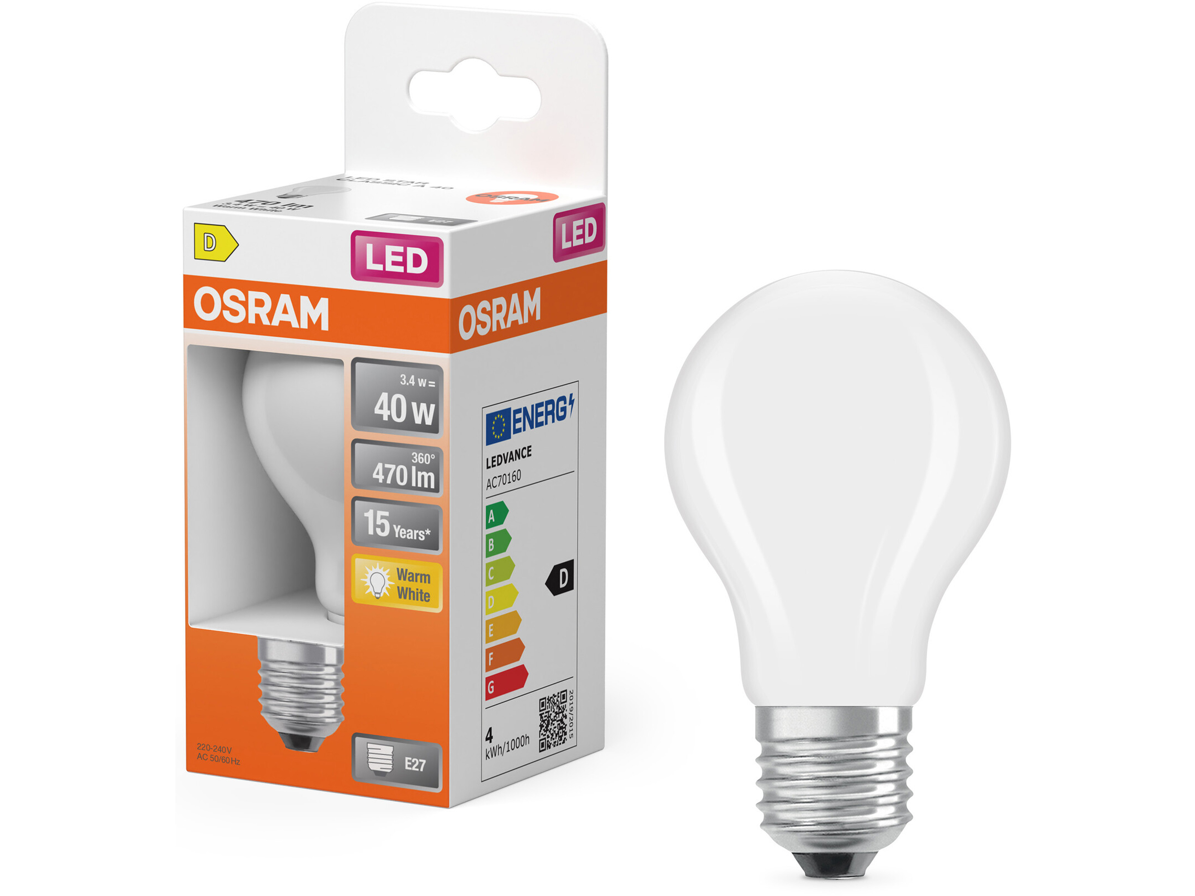 OSRAM LED-Lampe Retrofit, 3,4 W, E27, 2700 K, EEK: D, 470 lm, warmweiß