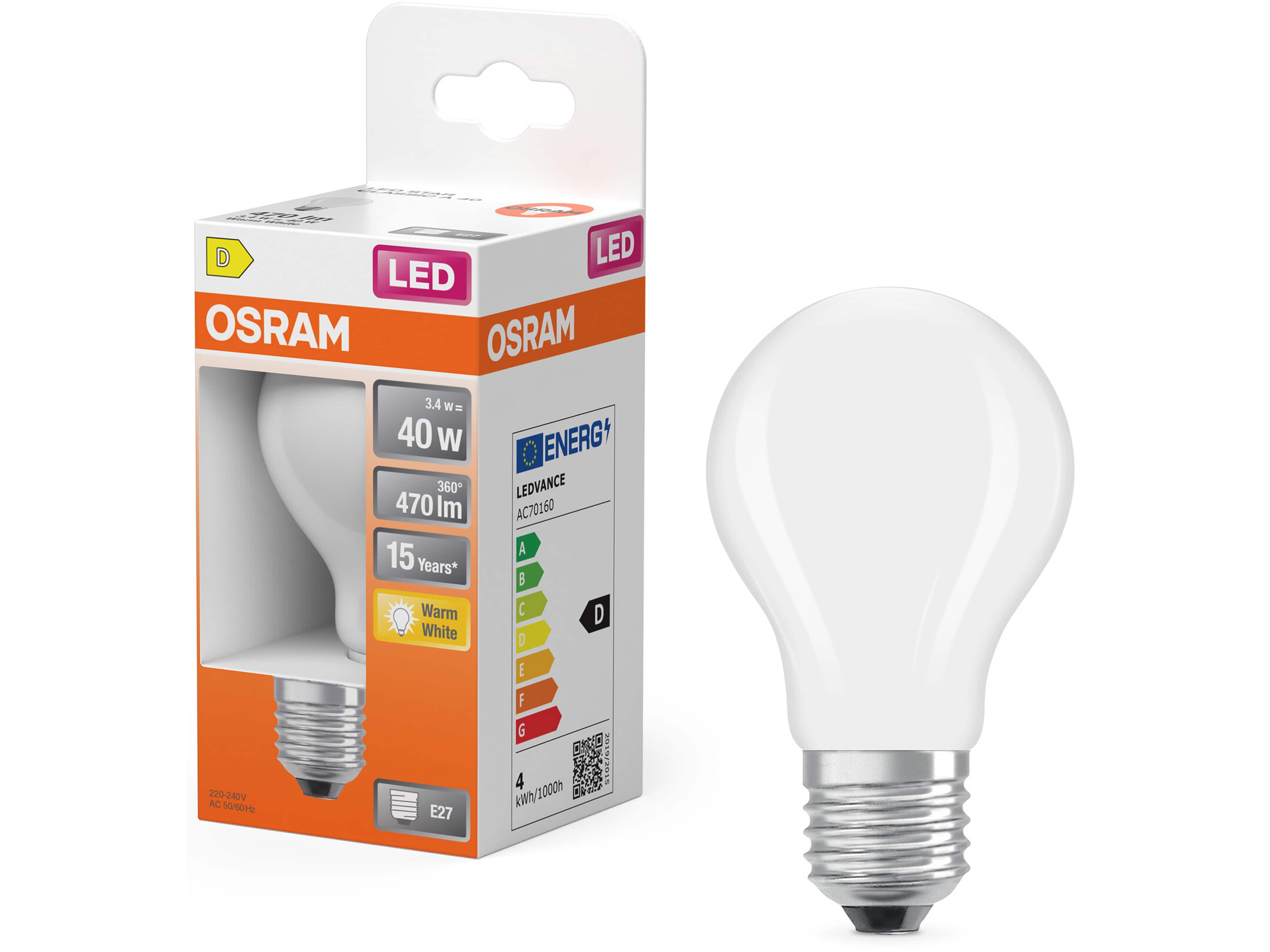 OSRAM LED-Lampe Retrofit, 3,4 W, E27, 2700 K, EEK: D, 470 lm, warmweiß