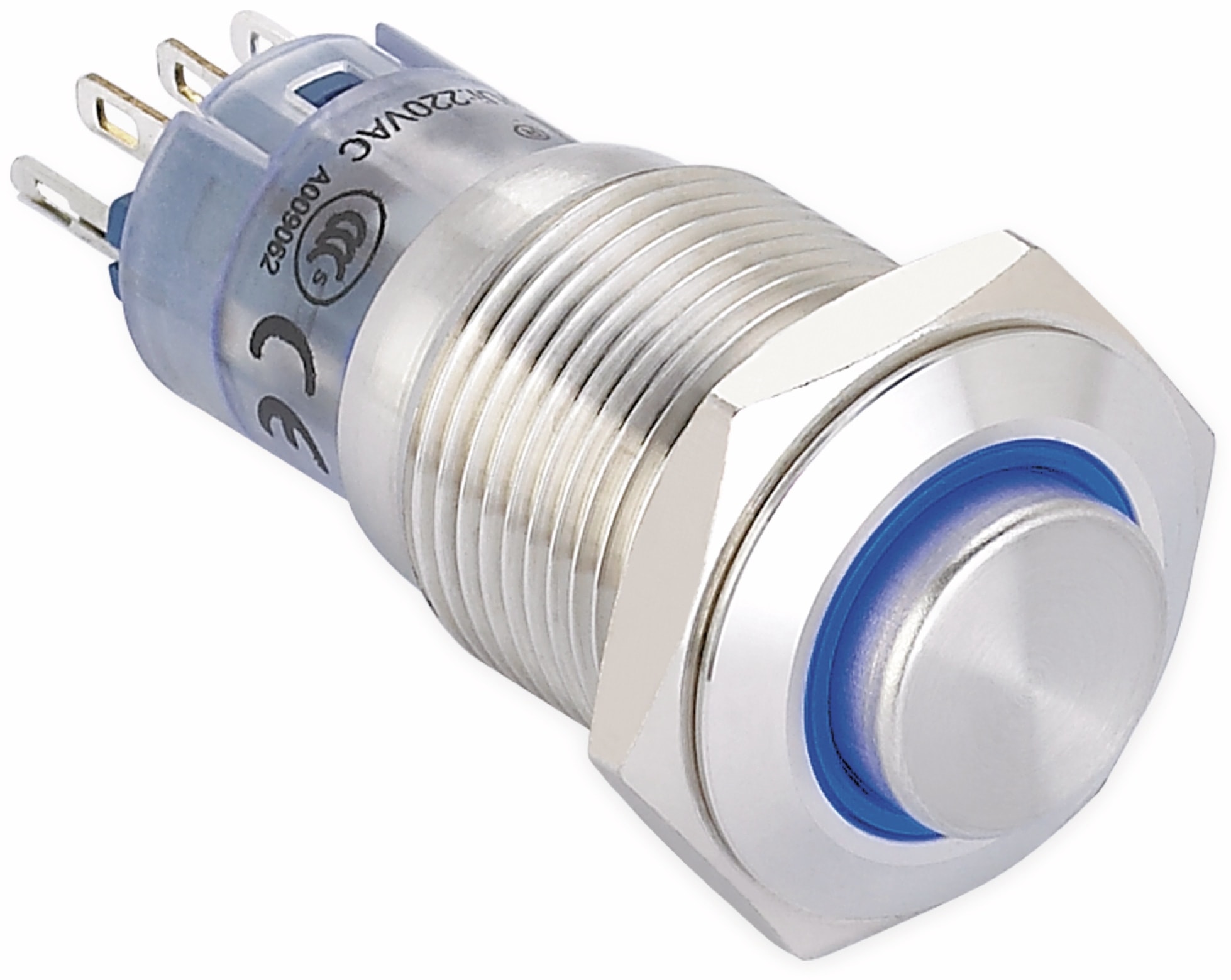 ONPOW Schalter, 24 V/DC, 1x Off/On, Beleuchtung blau, Lötanschluss, erhaben rund, Edelstahl, 16 mm