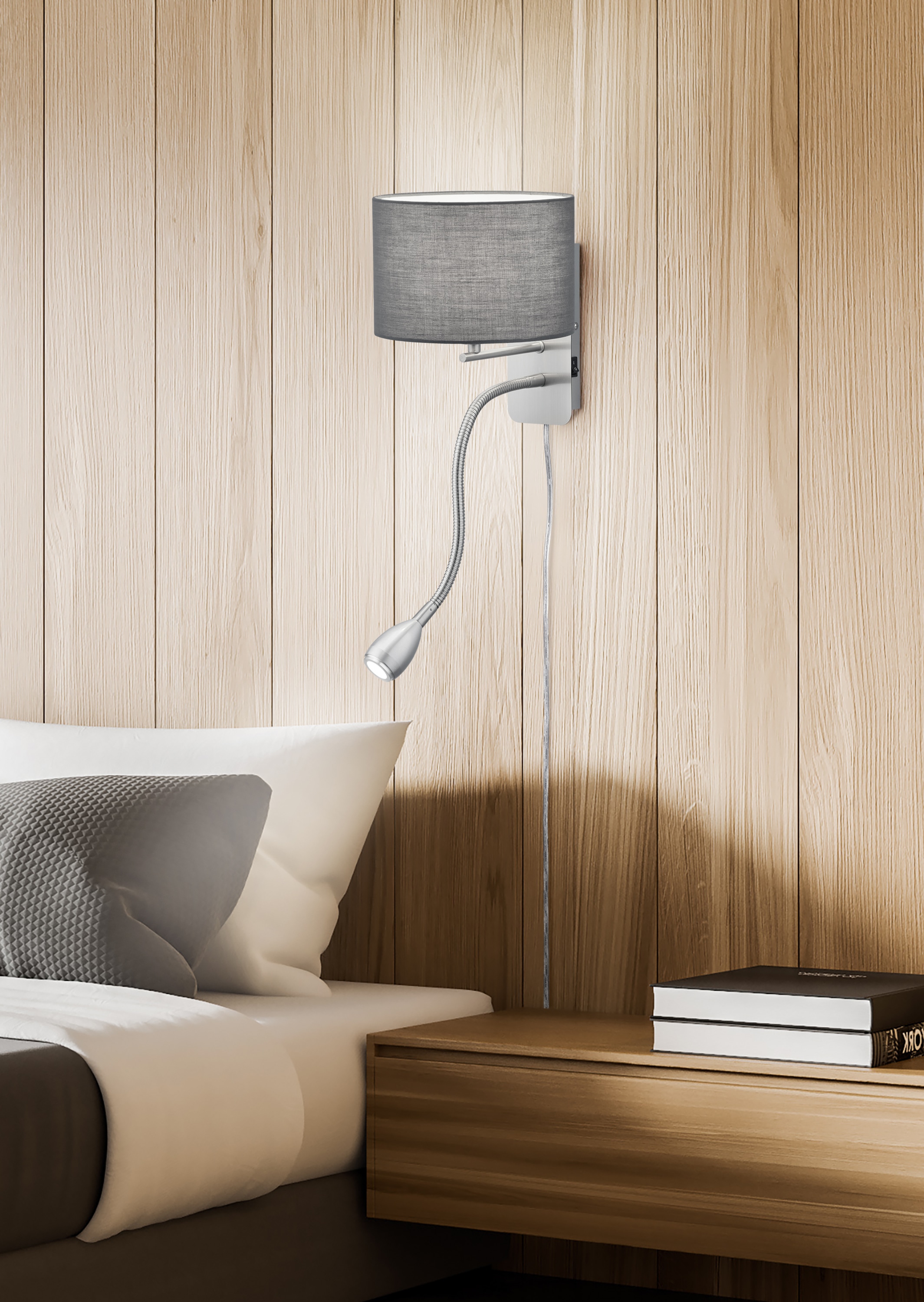 TRIO Wandleuchte Hotel 271170211 Nickel matt, Schirm grau, 1 x 3,1W LED, 310 lm, 3000K, 1 x E14