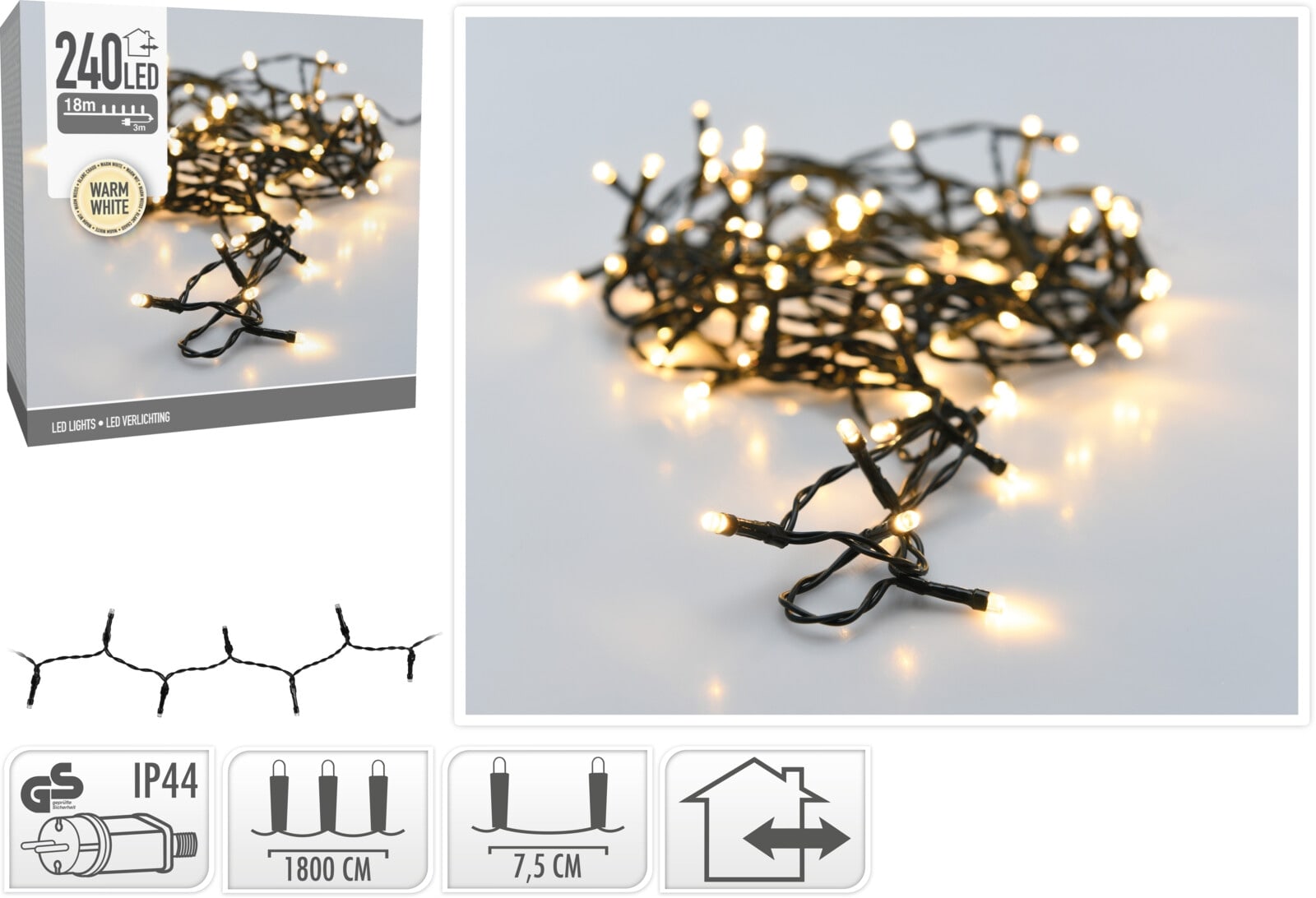 LED-Lichterkette warmweiß, 240 LEDs, Grünes Kabel, Innen/Außen, 21m KOOPMAN LED-Lichterkette warmweiß, 240 LEDs, Grünes Kabel, Innen/Außen, 21m