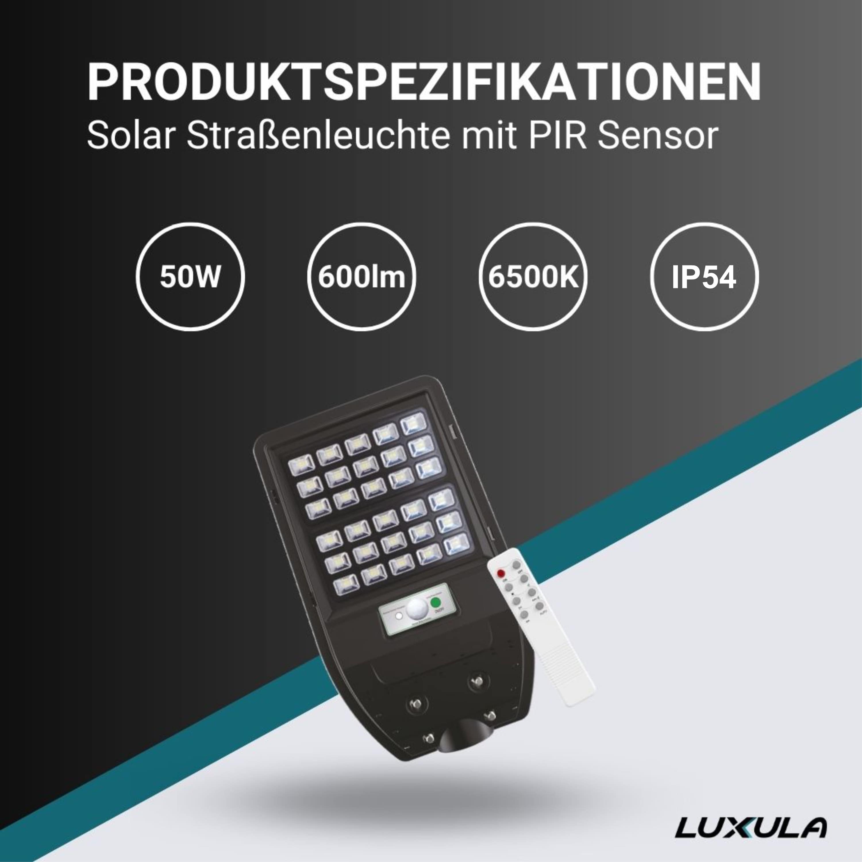 LUXULA Solar-Straßenleuchte, 50 W, 600 lm, mit PIR Sensor LUXULA Solar-Straßenleuchte, 50 W, 600 lm, mit PIR Sensor