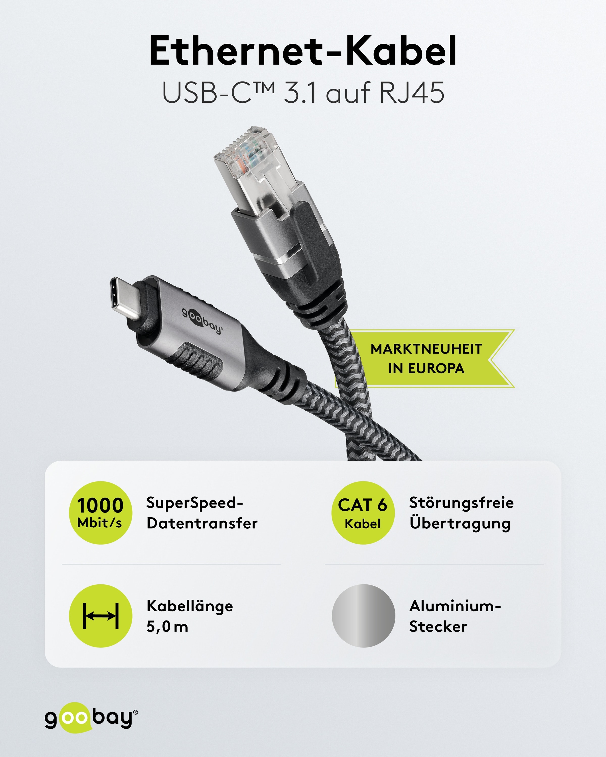 GOOBAY Ethernet-Kabel CAT6 USB-AC 3.1 auf RJ45 5m GOOBAY Ethernet-Kabel CAT6 USB-AC 3.1 auf RJ45 5m