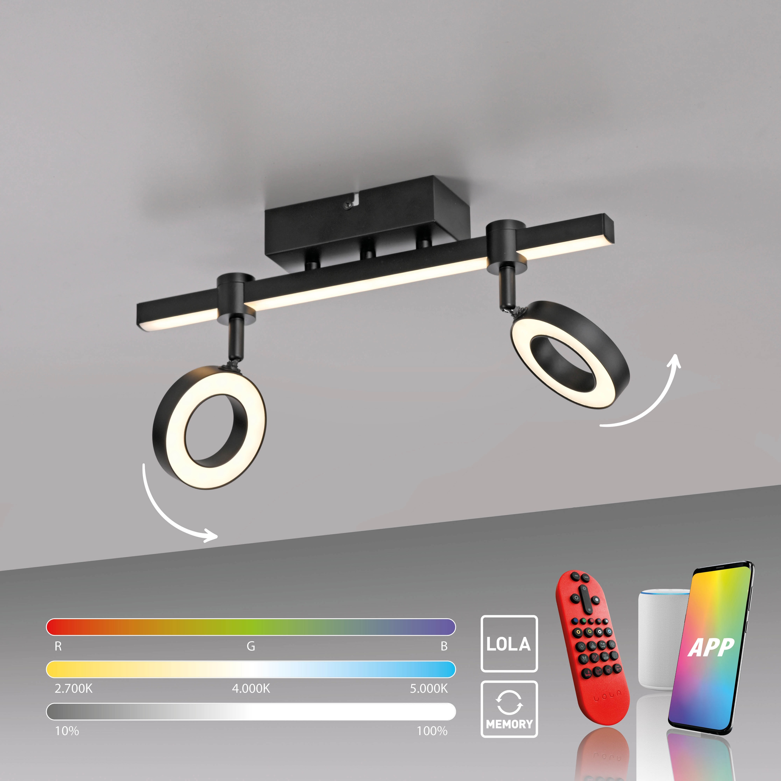JUST LIGHT LED-Deckenleuchte 12075-18 schwarz, 10,5 W, 1300 lm, CCT, RGB, Smart Home