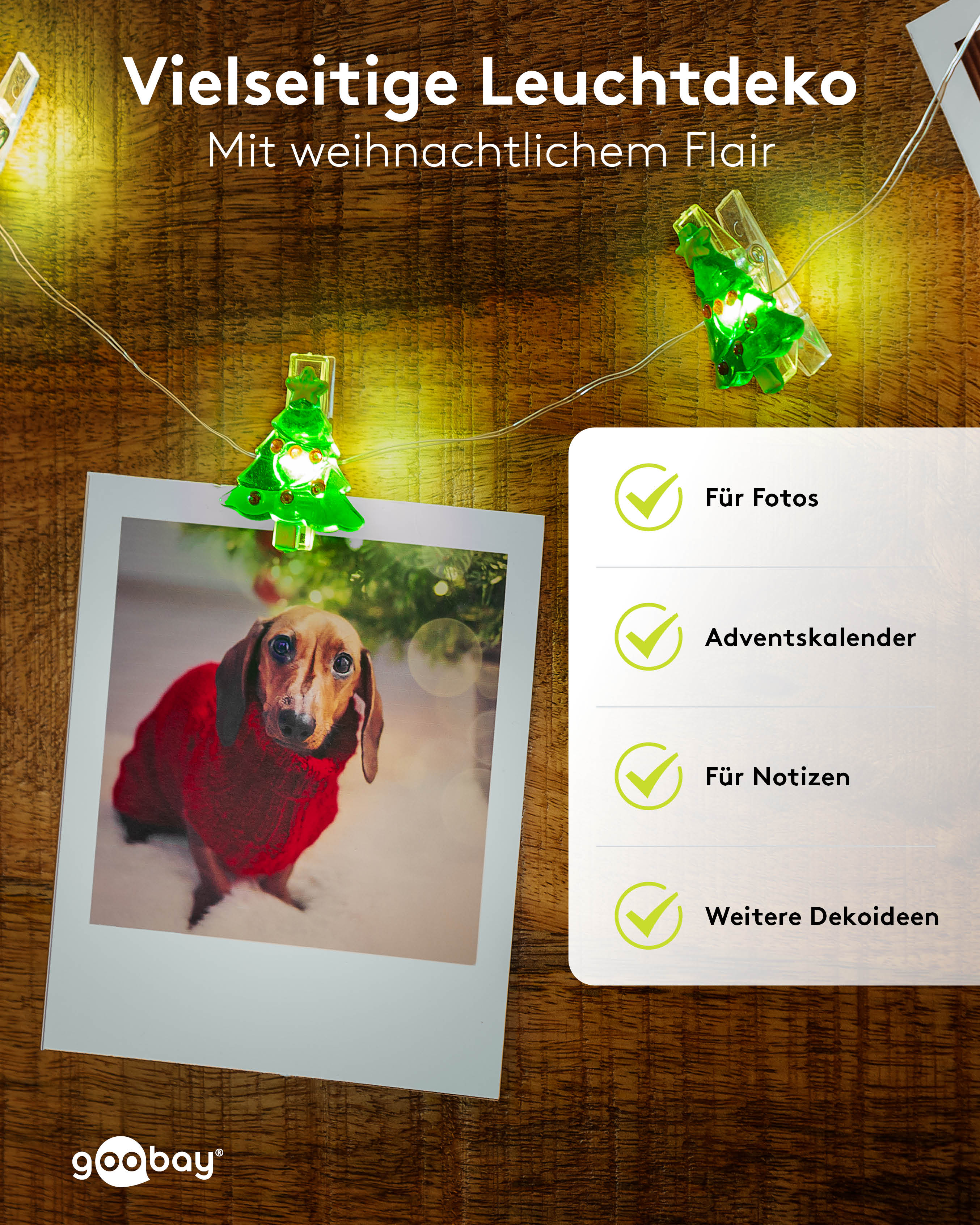 GOOBAY LED-Fotoclips-Lichterkette "Tannenbaum", Timerfunktion, 10 LEDs, 140 cm
