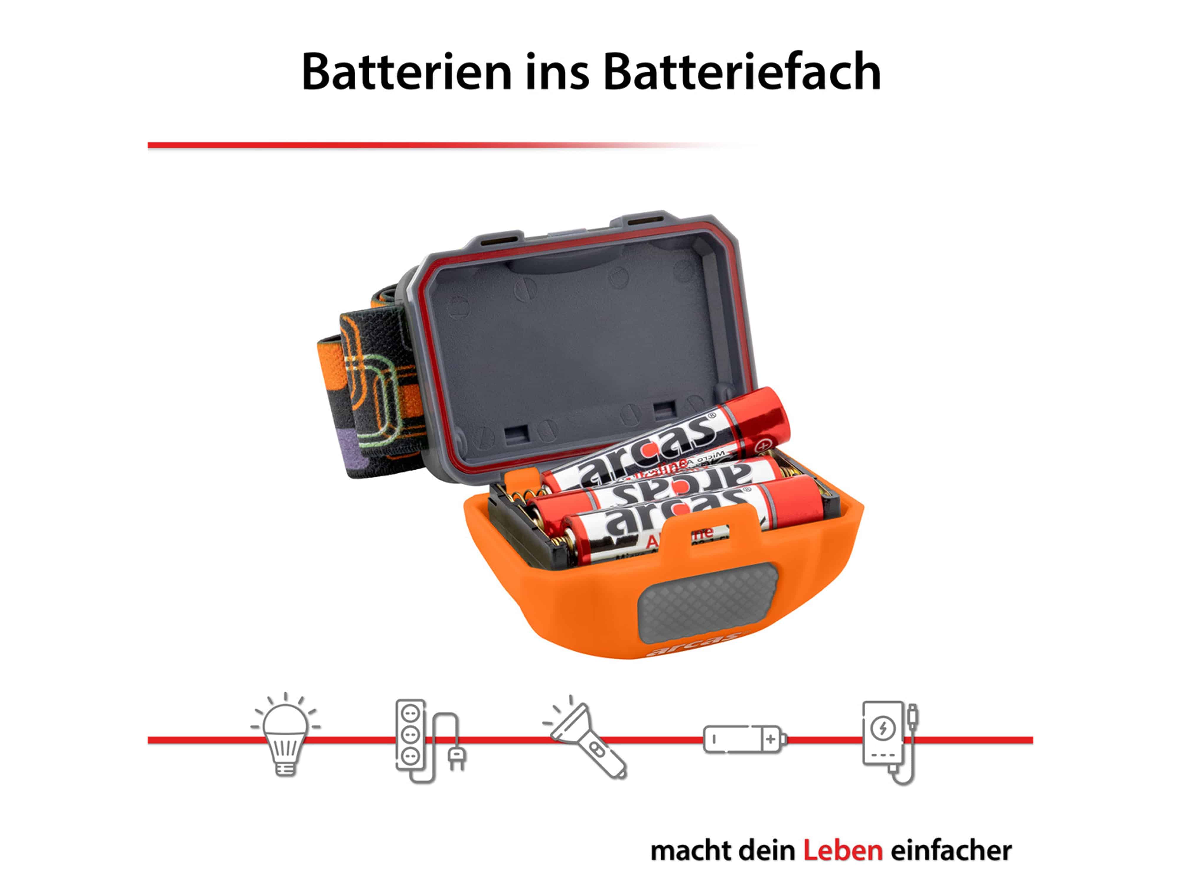 ARCAS LED-Stirnlampe, COB, 3 W, 120 lm, 4 Funktionen, inkl. Batterien ARCAS LED-Stirnlampe, COB, 3 W, 120 lm, 4 Funktionen, inkl. Batterien
