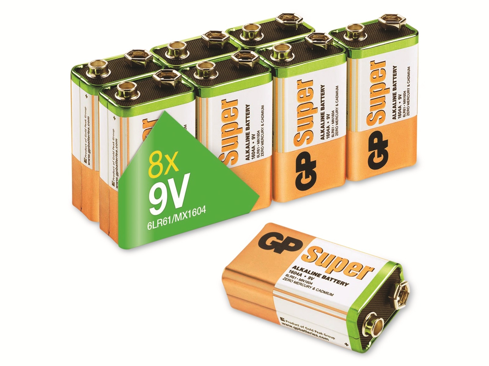 GP Super Alkaline-Batterie E-Block, 6LR61, MN1604, 9V, 8 Stück