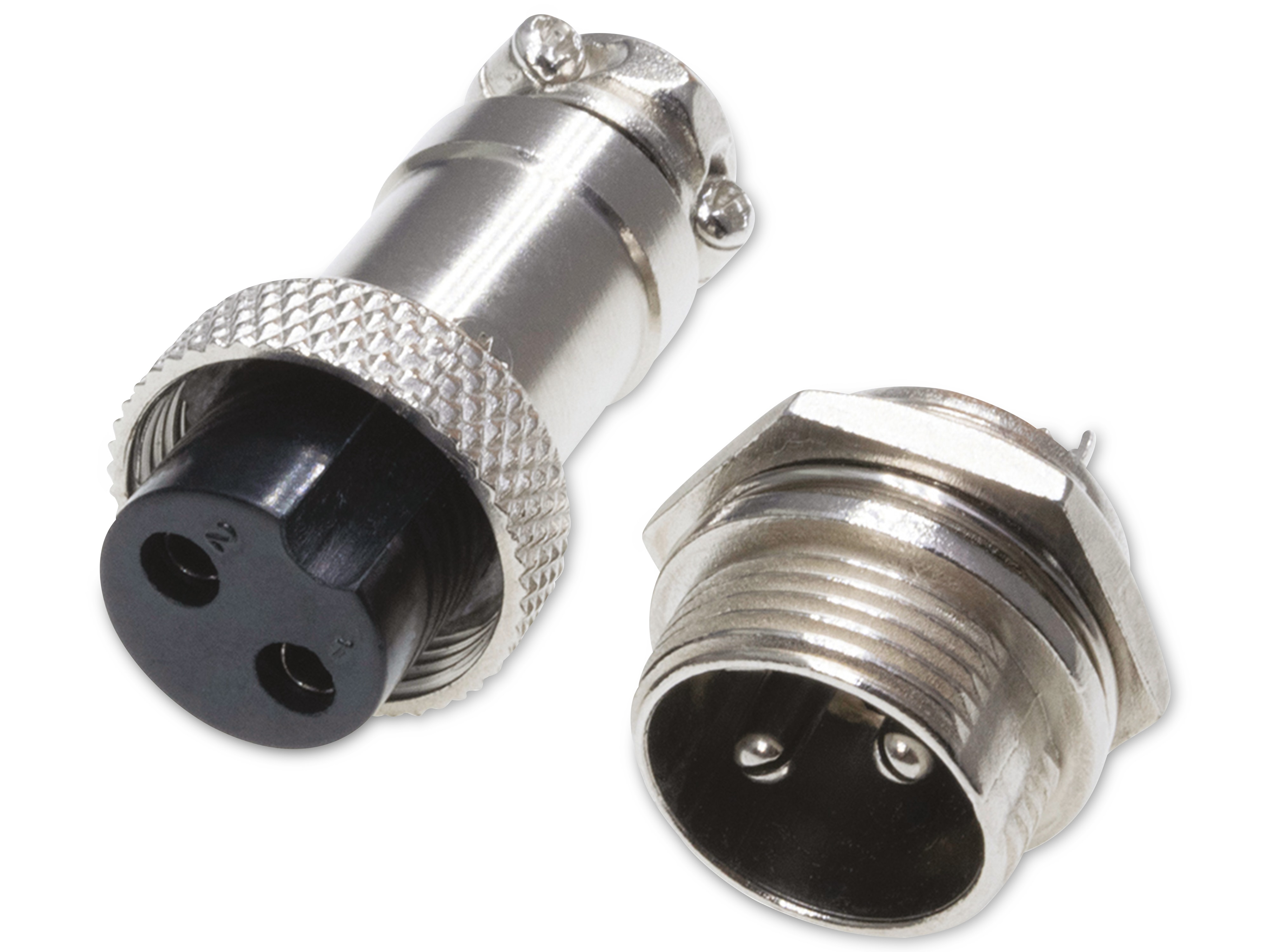 Rundsteckverbinder, 2-polig, 250V, 7A, Lötanschluss, IP55, wire to panel, 1 Stecker + 1 Buchse Rundsteckverbinder, 2-polig, 250V, 7A, Lötanschluss, IP55, wire to panel, 1 Stecker + 1 Buchse