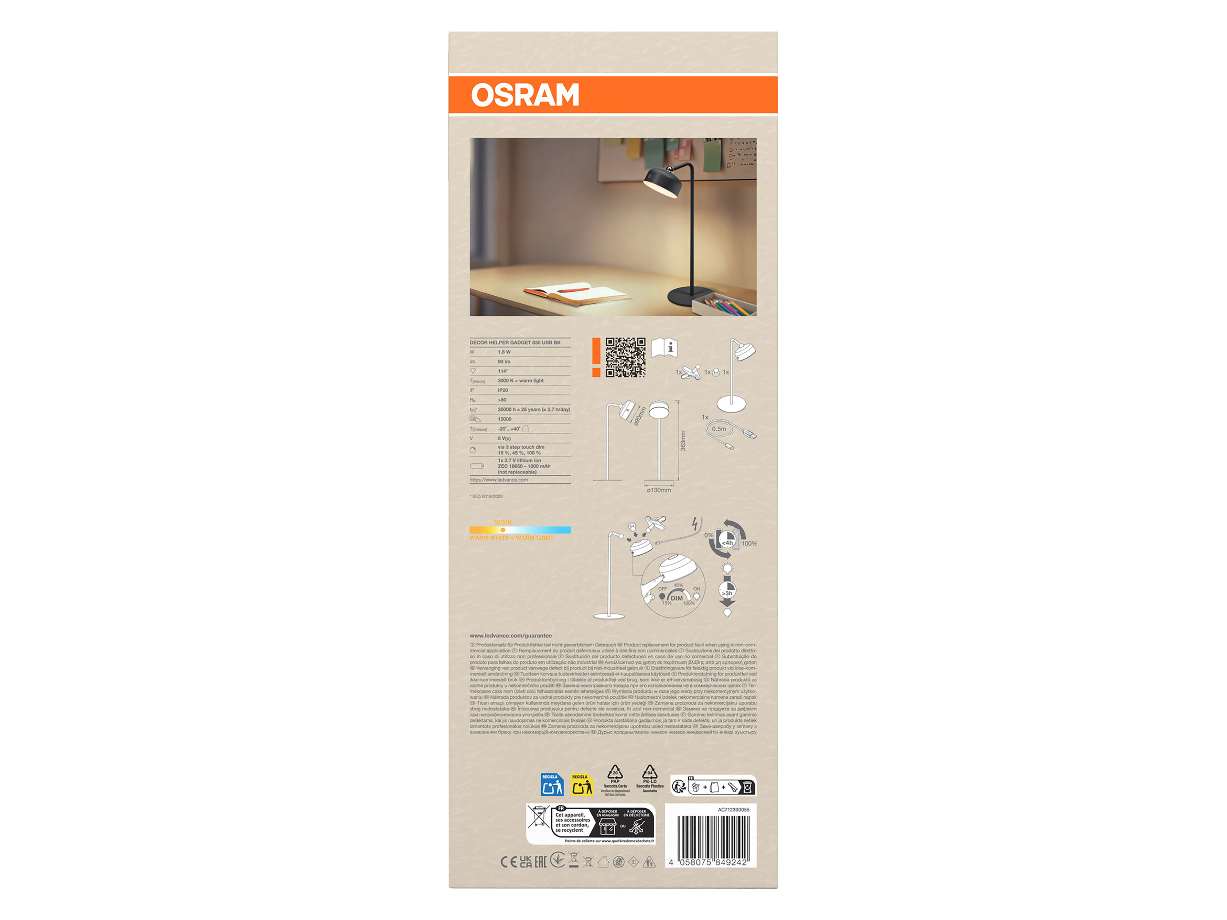 OSRAM LED-Tischleuchte, 1,8W, 3000K, 100lm, warmweiß, Dimmbar, IP20, schwarz