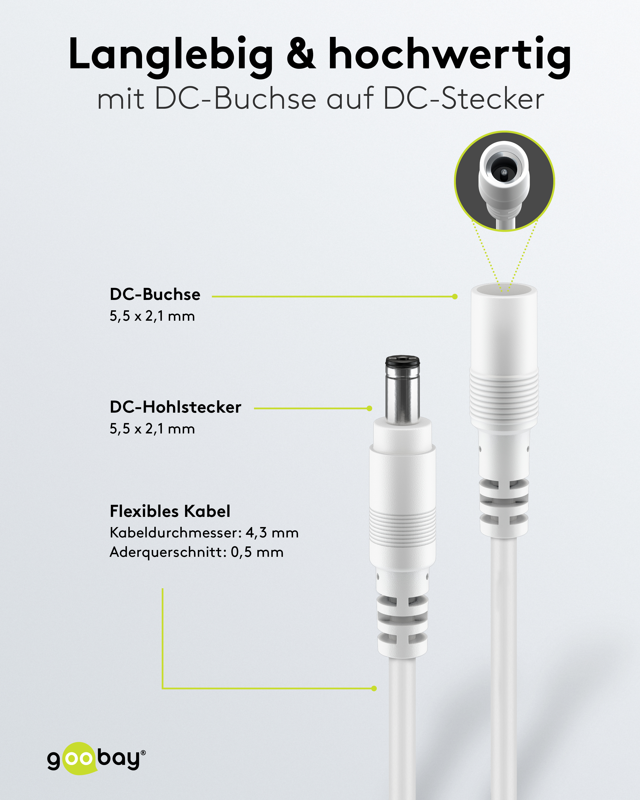GOOBAY DC-Adapterkabel 2,5 mm, DC-Stecker auf DC-Kupplung, schwarz, 5 m