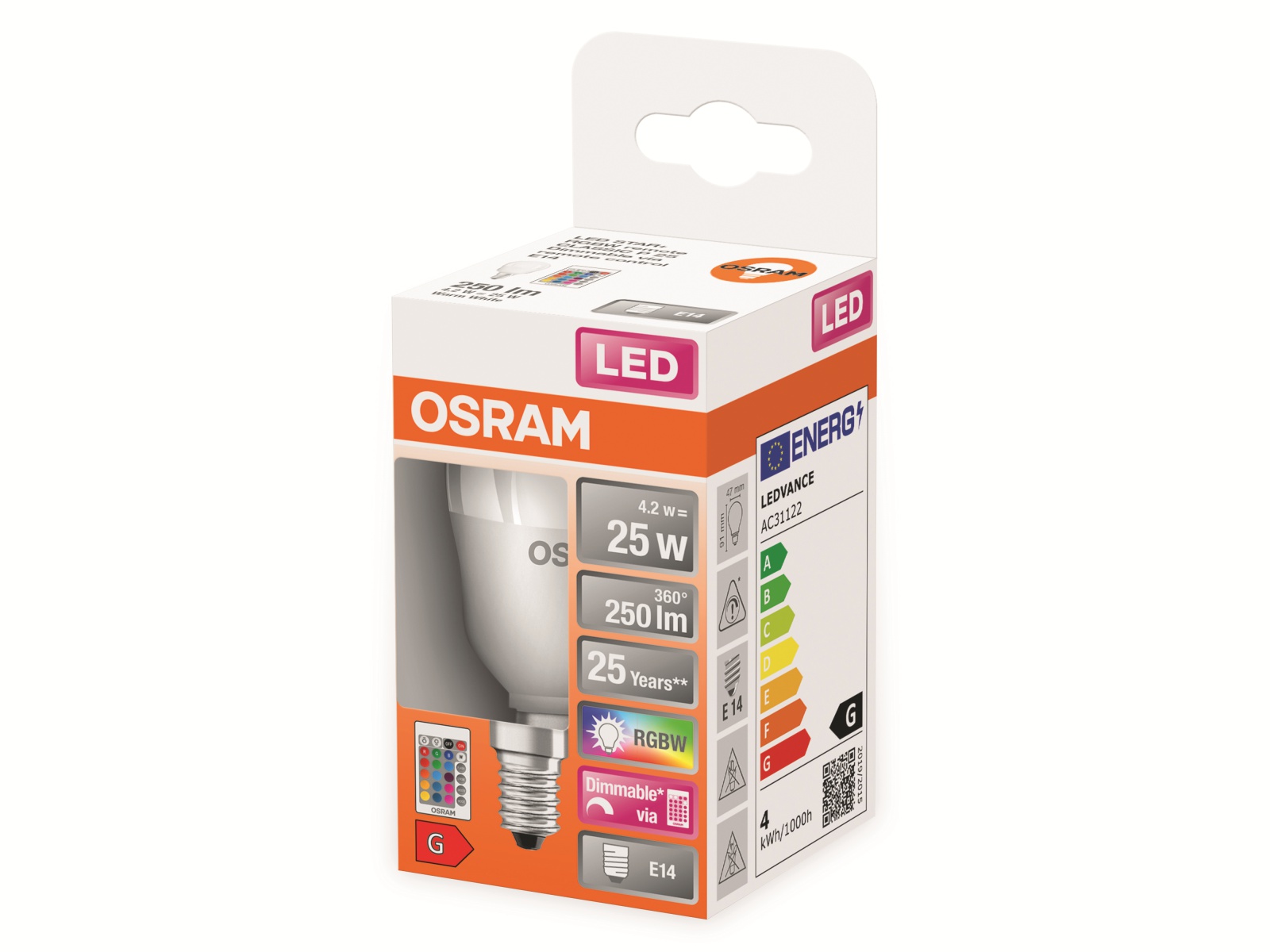OSRAM LED-Lampe P25 mit Fernbedienung, E14, EEK: G, 4,2 W, 250 lm, 2700 K OSRAM LED-Lampe P25 mit Fernbedienung, E14, EEK: G, 4,2 W, 250 lm, 2700 K