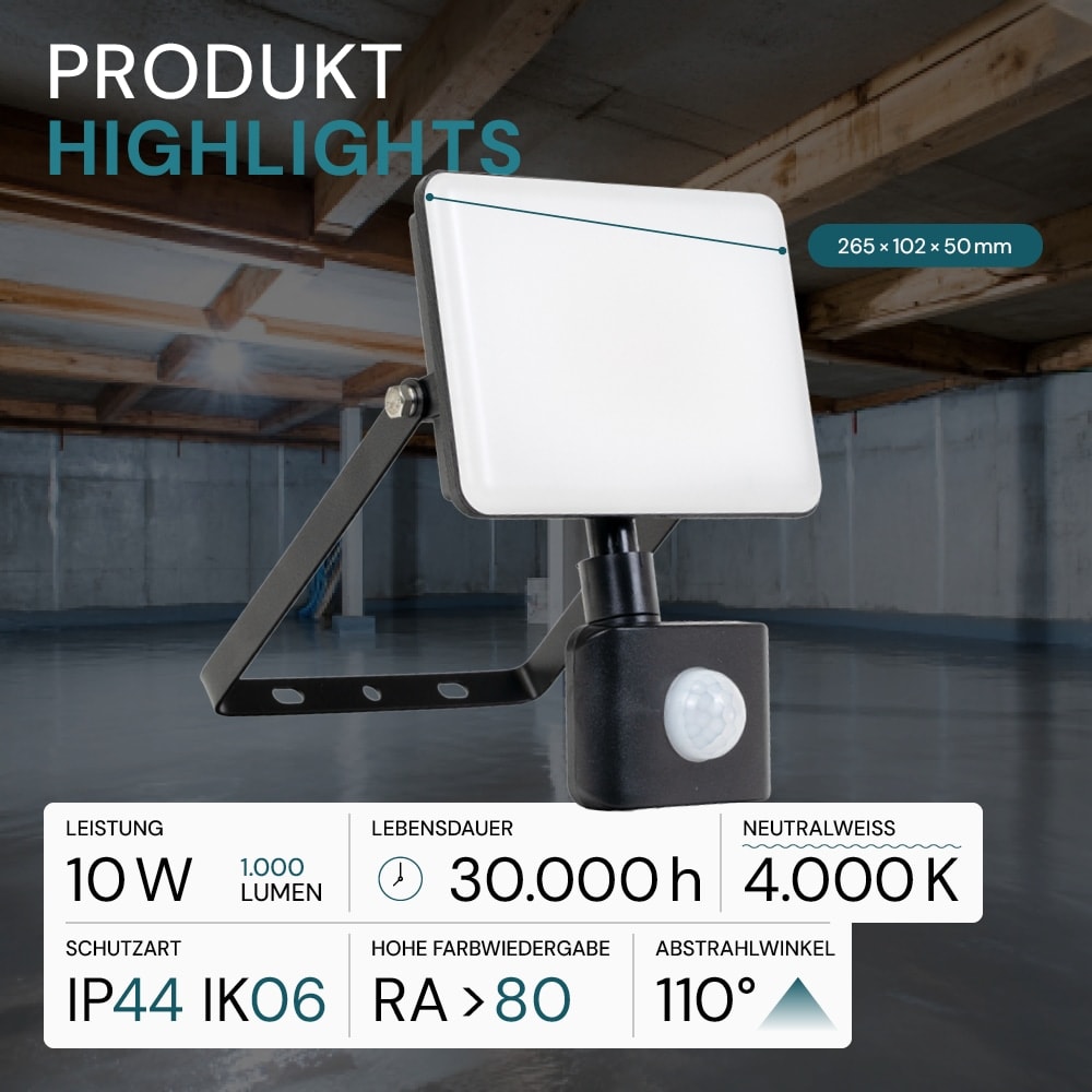 LUXULA LED-Fluter mit Bewegungsmelder, 10W, 1000lm, 4000K, Weiß, IP44, 120° Erfassungswinkel LUXULA LED-Fluter mit Bewegungsmelder, EEK: F, 10W, 1000lm, 4000K, schwarz