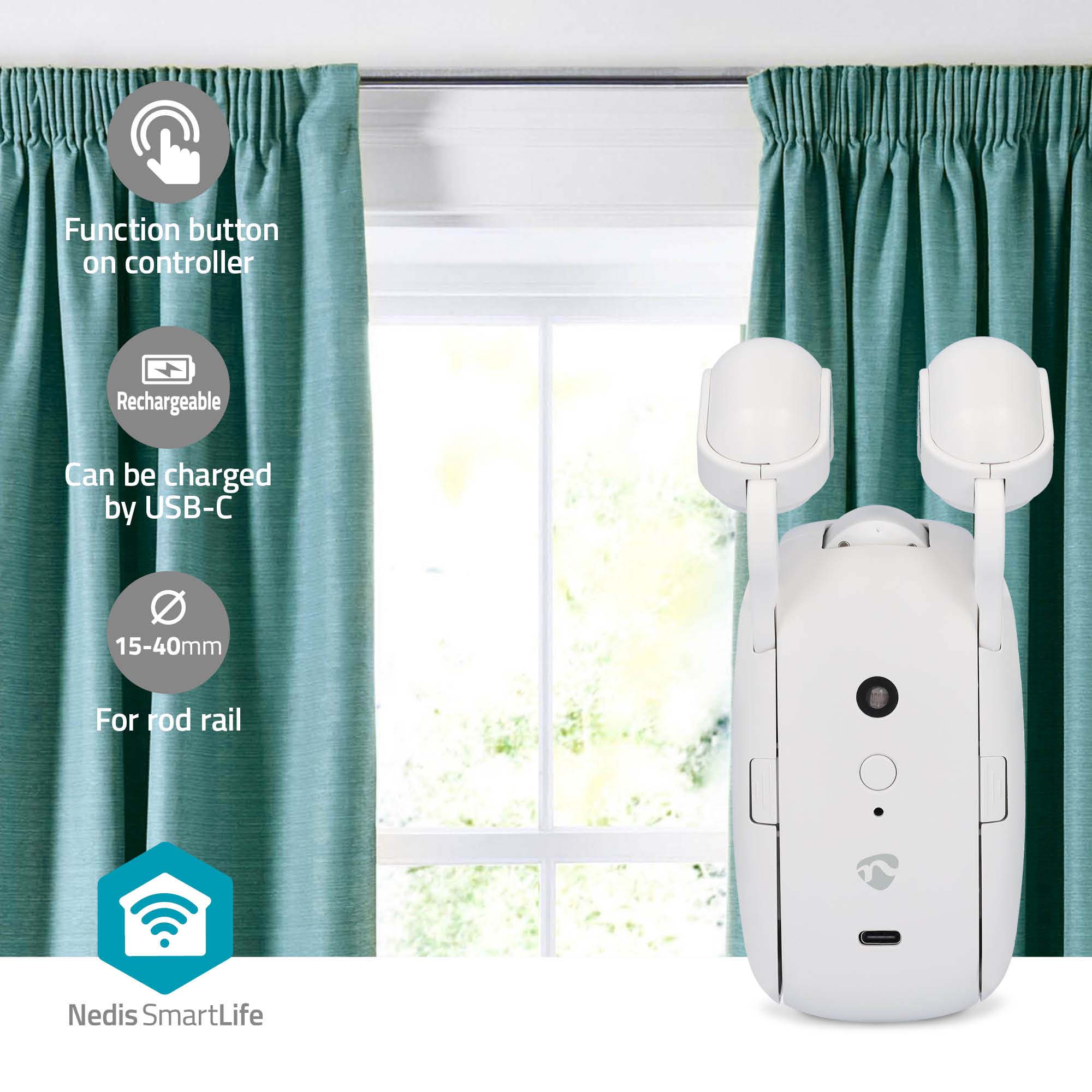 NEDIS Vorhangroboter SmartLife, USB-/Batteriebetrieben, Stangenschiene, weiß
