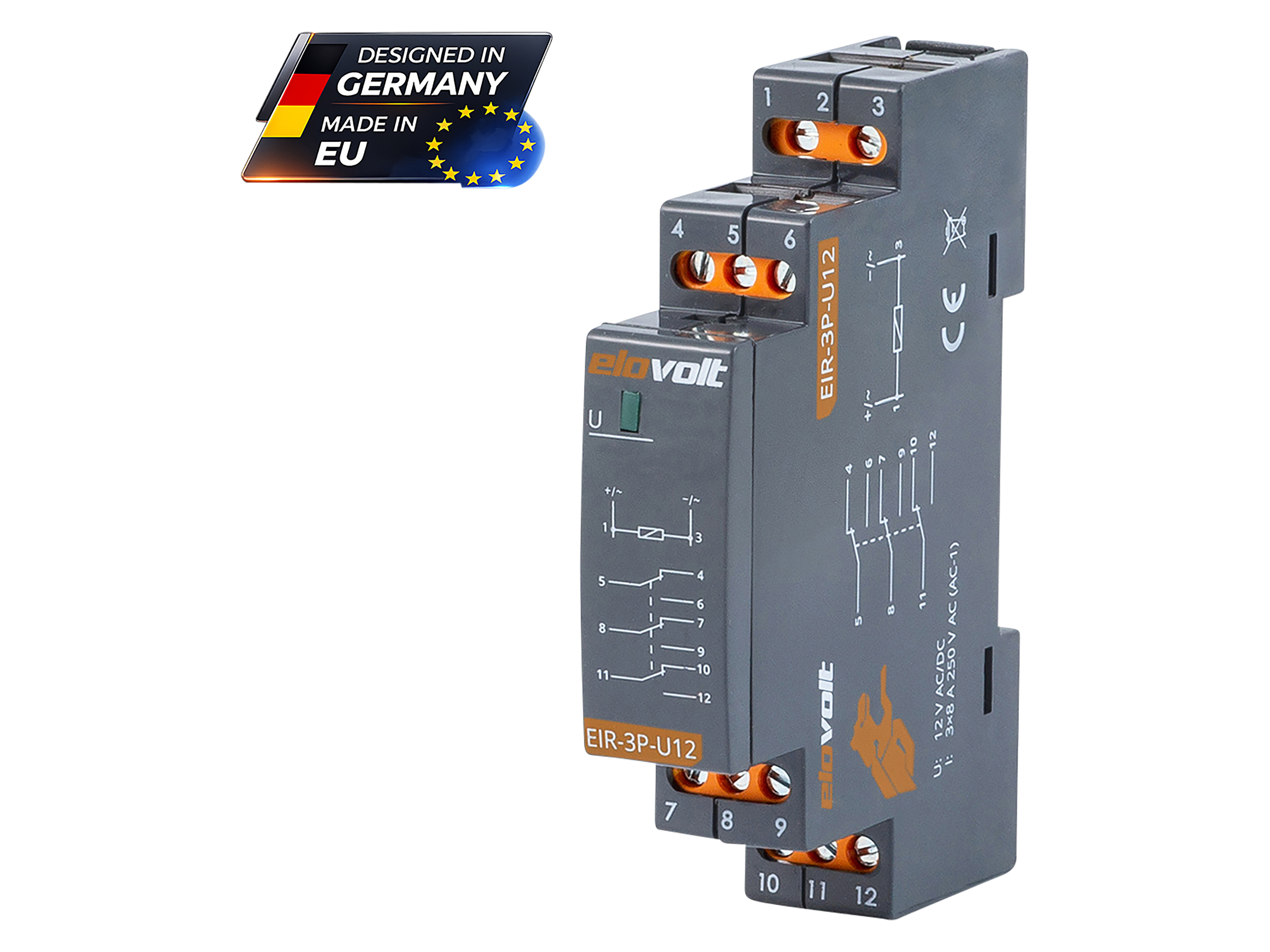 ELOVOLT Schaltrelais EIR-3P-U12, 3x 8 A, 12 V, 3 Wechsler