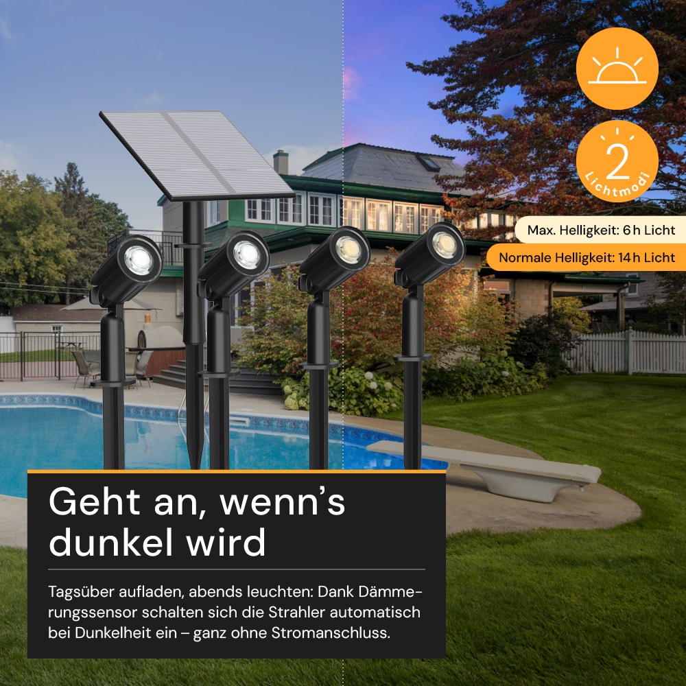 LUXULA Solar LED-Gartenleuchten Set, 5W, 3000K, 200lm, warmweiß, IP54, schwarz, 4 Stück