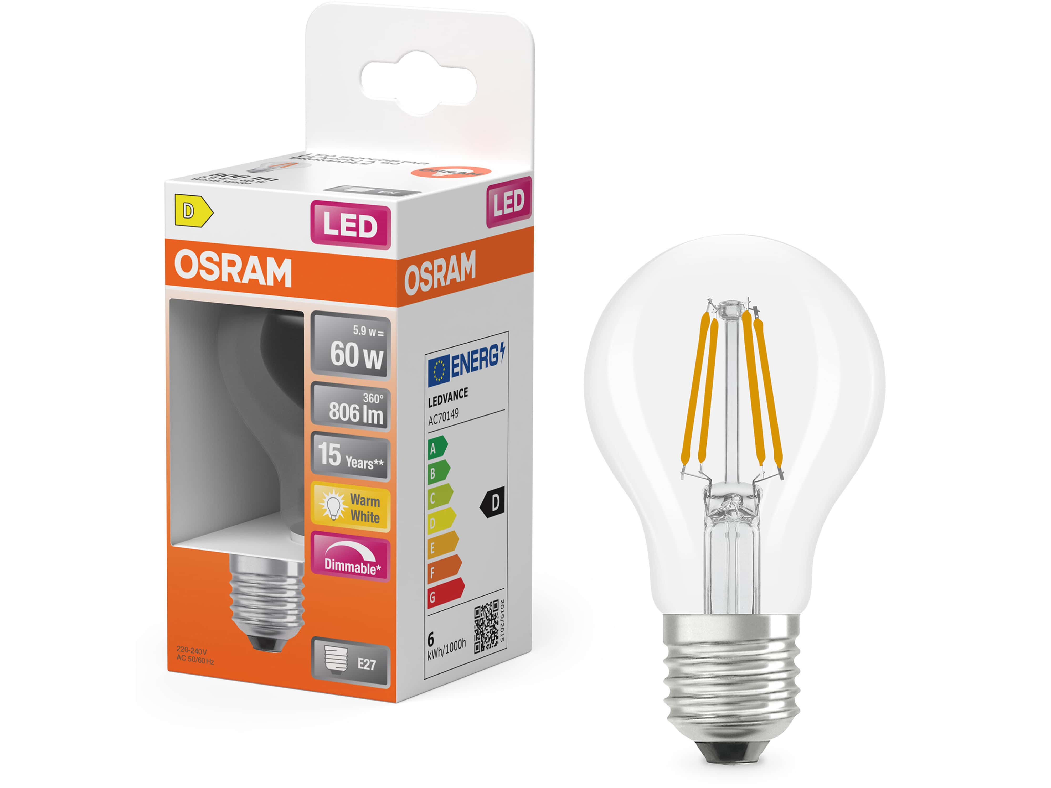 OSRAM LED-Lampe, dimmbar, E27, 5,9 W, 2700 K, EEK: D, 806 lm, warmweiß