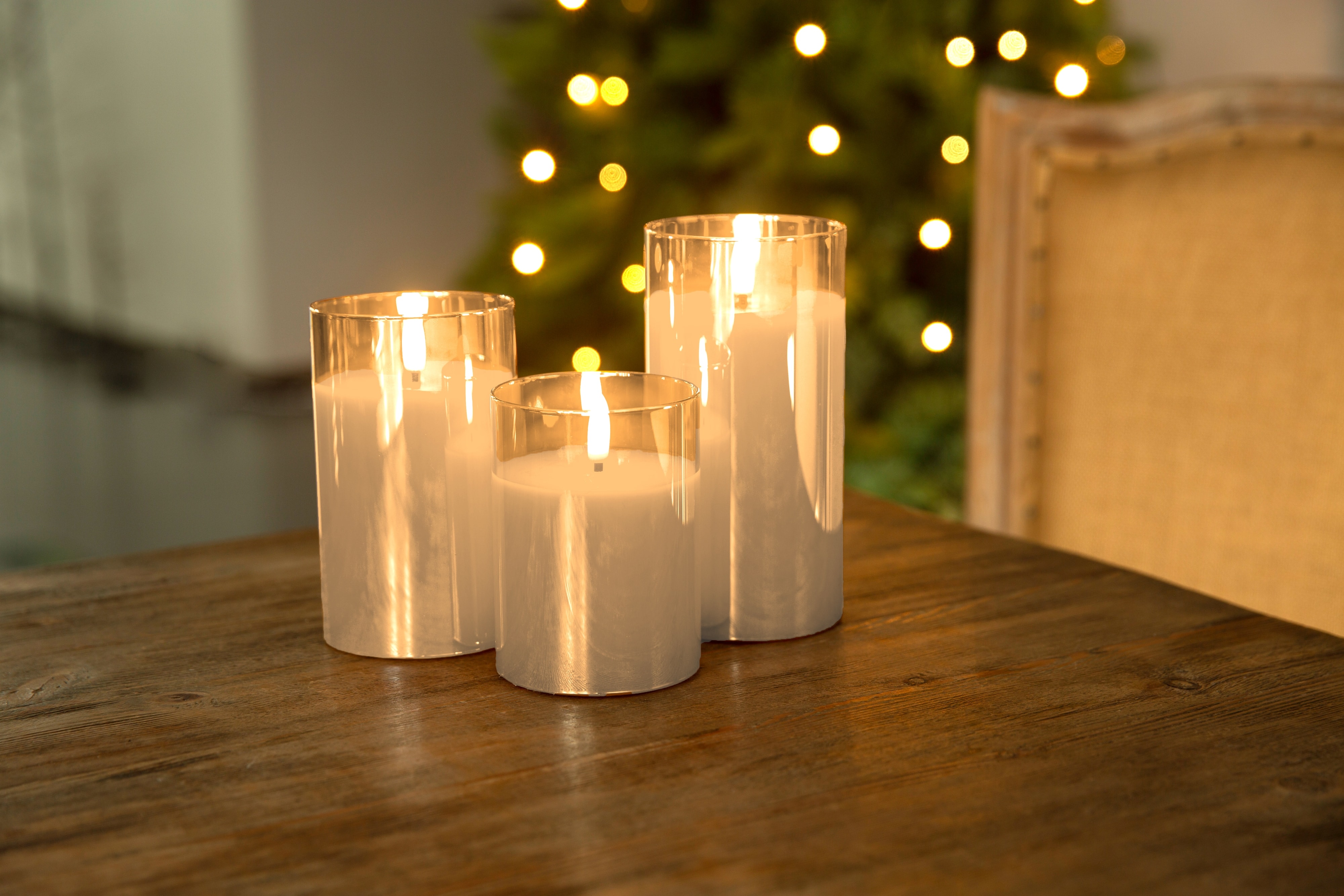 GOOBAY LED-Echtwachskerzen, Glas, Timerfunktion, 3 Stück, warmweiß, grau