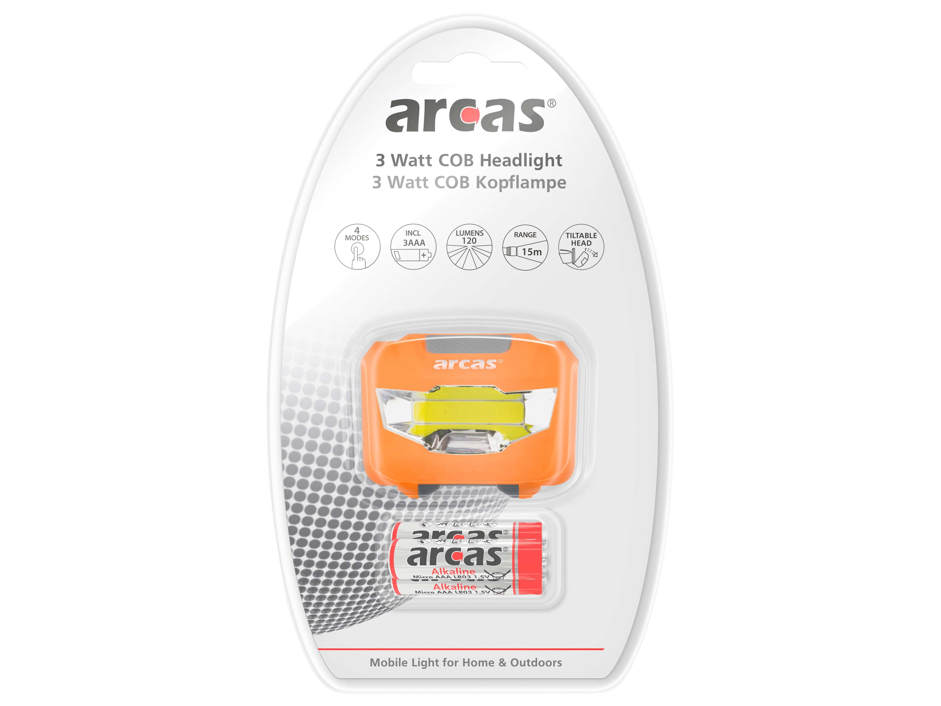 ARCAS LED-Stirnlampe, COB, 3 W, 120 lm, 4 Funktionen, inkl. Batterien ARCAS LED-Stirnlampe, COB, 3 W, 120 lm, 4 Funktionen, inkl. Batterien