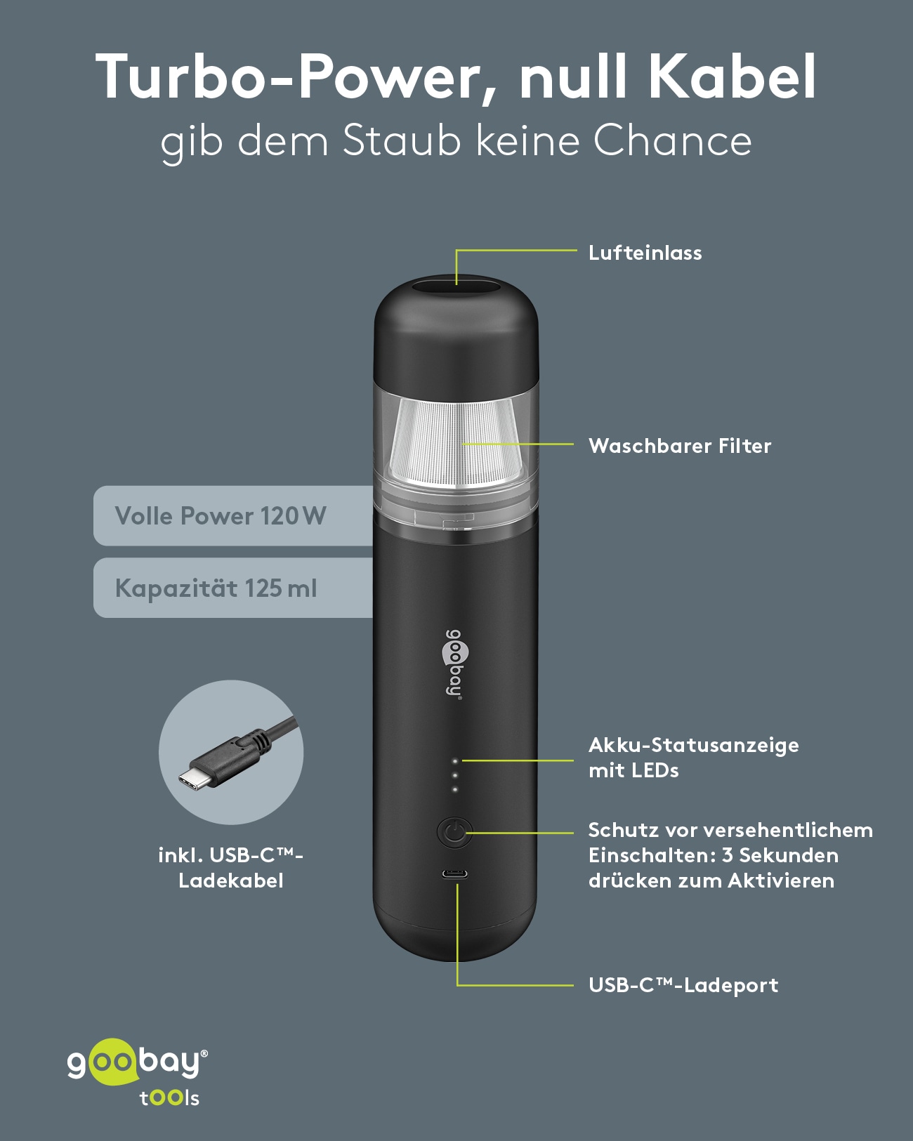 GOOBAY TOOLS Akku-Handstaubsauger, 120 W, mit 10 Aufsätzen, schwarz