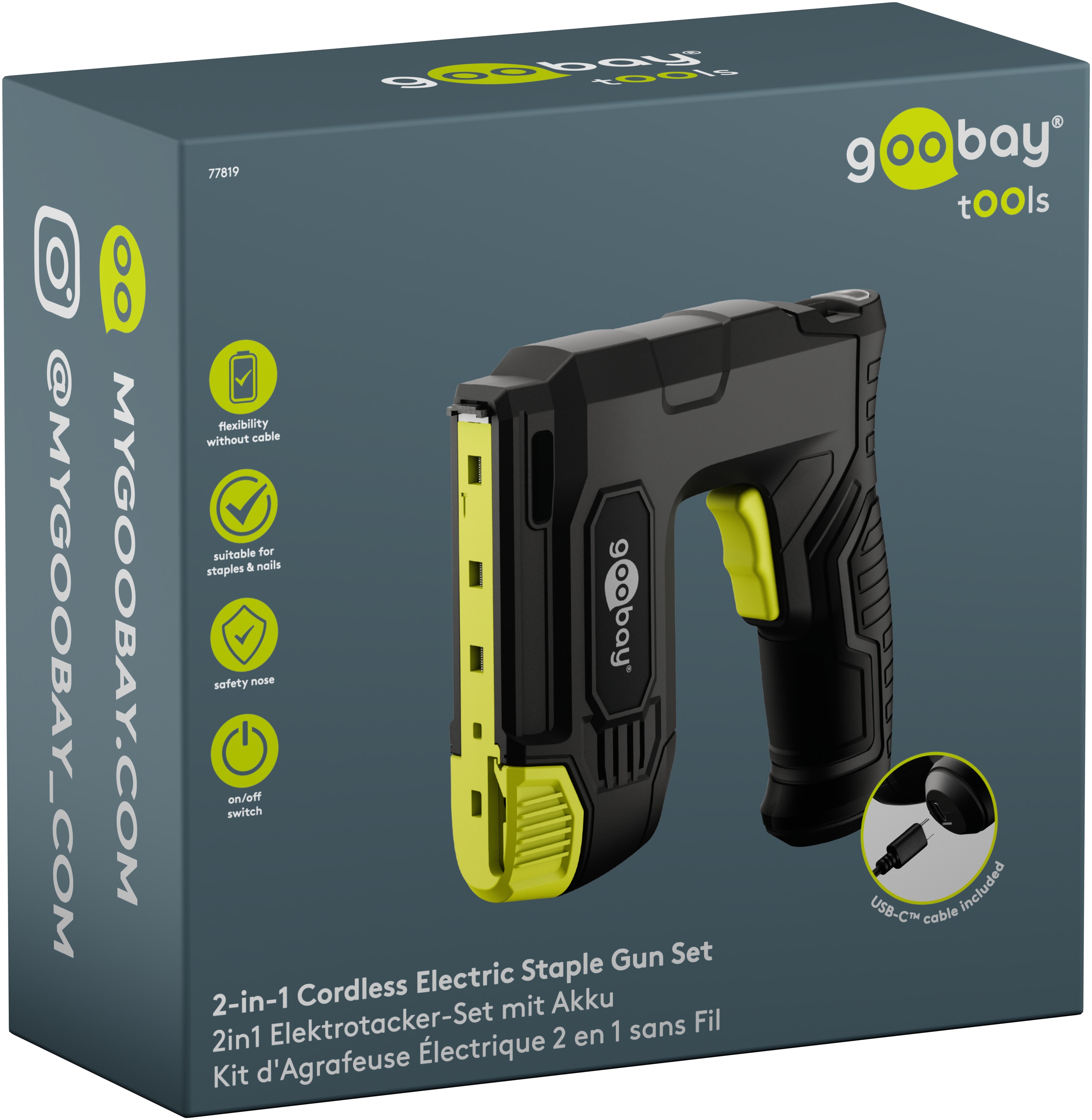 GOOBAY TOOLS 2in1 Akku-Tacker, 77819, mit 2.000 Tackernadeln und 500 Nägeln