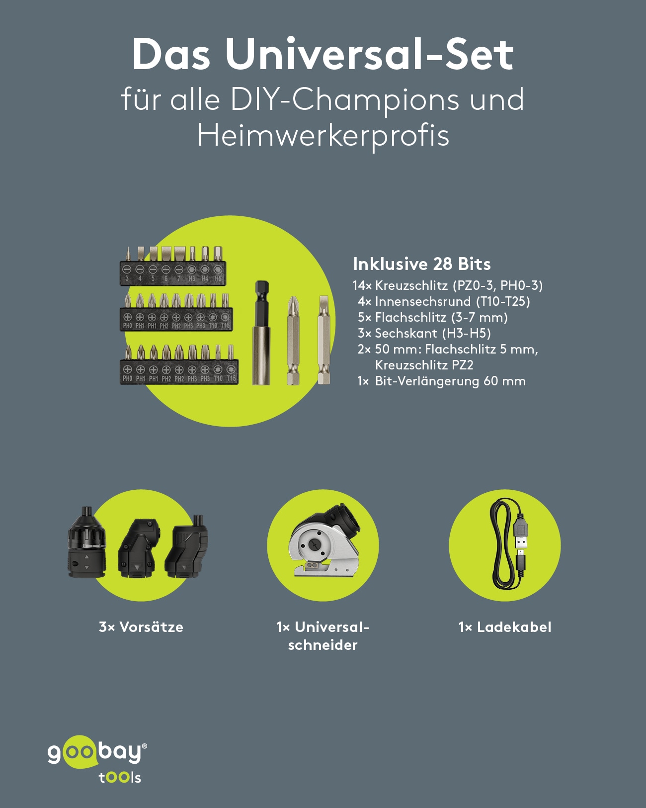 GOOBAY TOOLS 4in1 Mini-Akkuschrauber-Set, 77817, 35-teilig