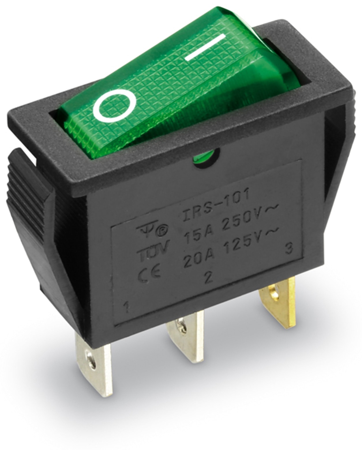 Wippenschalter 1-pol., I-0, grün beleuchtet, 27x10,5 mm