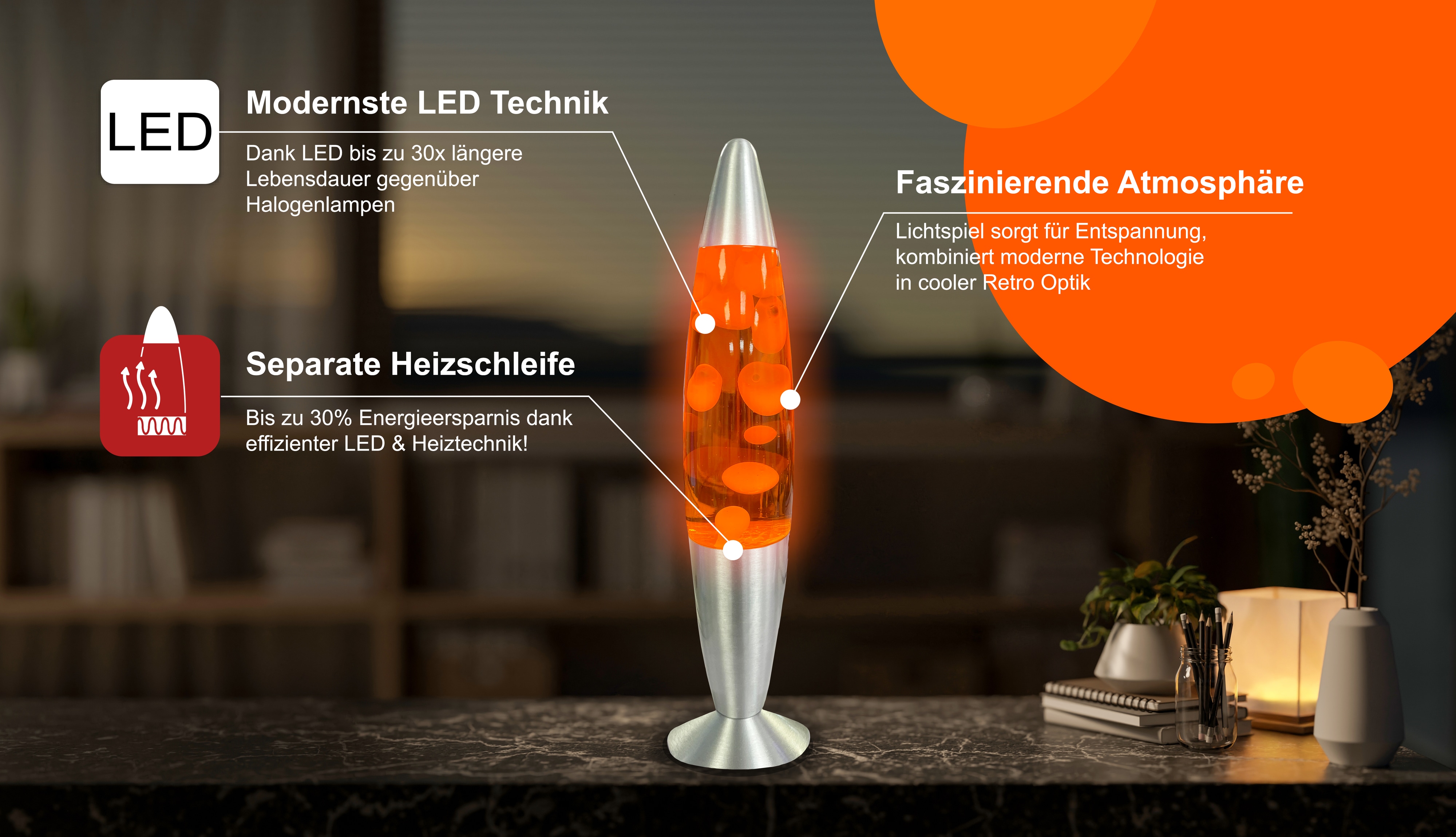BLULAXA LED-Lava-Tischleuchte, 49985, 25W, 40 cm, weiß/orange