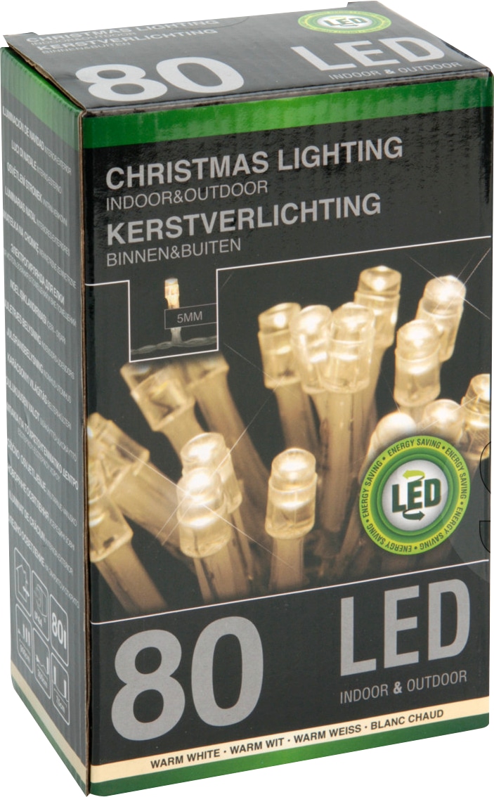 LED-Lichterkette, 80 LEDs, warmweiß, 230V~, IP44, Innen/Außen, Kabelfarbe silber/transparent