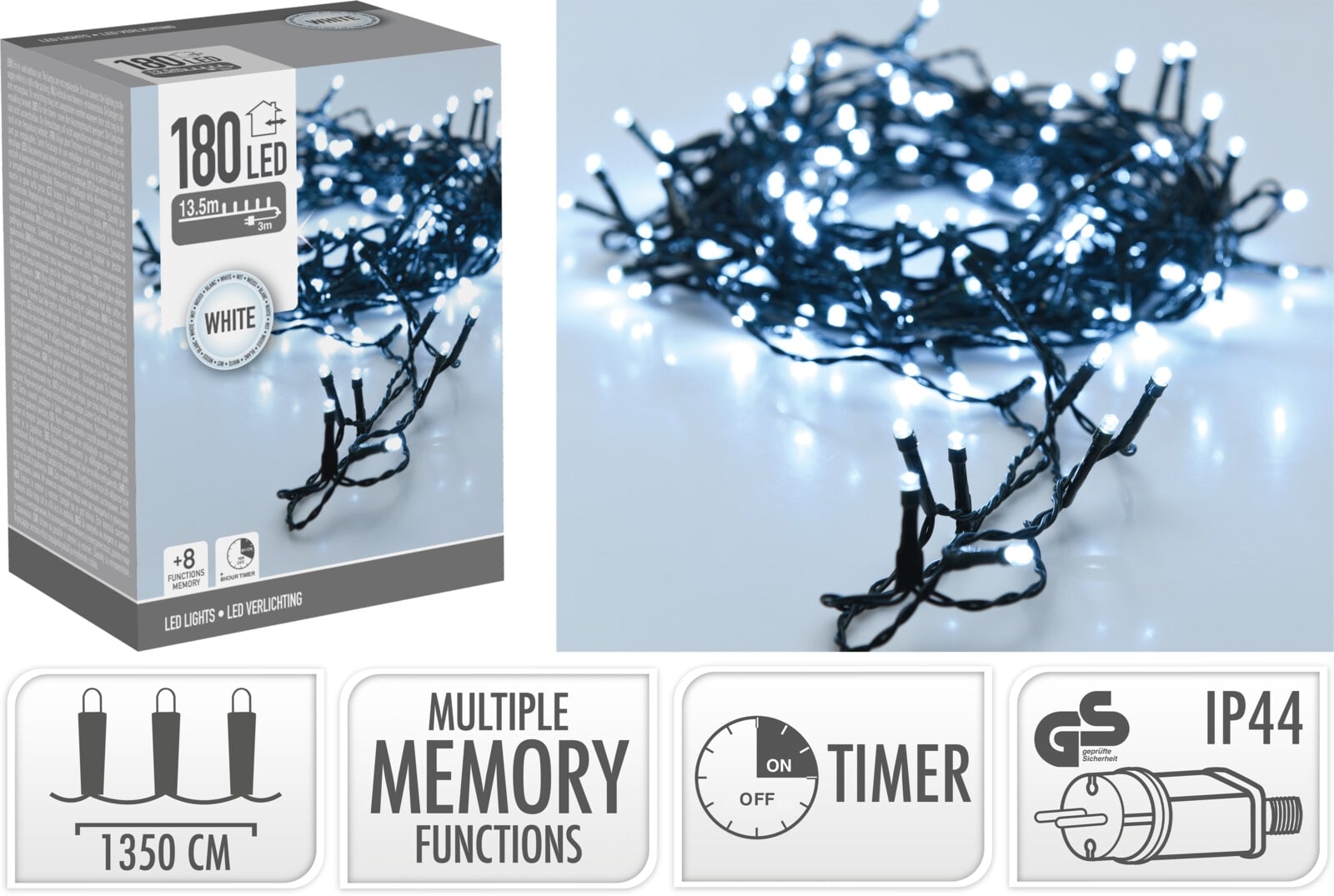LED-Lichterkette 180 LEDs, Grünes Kabel, Innen/Außen, kaltweiß, 16,5 m