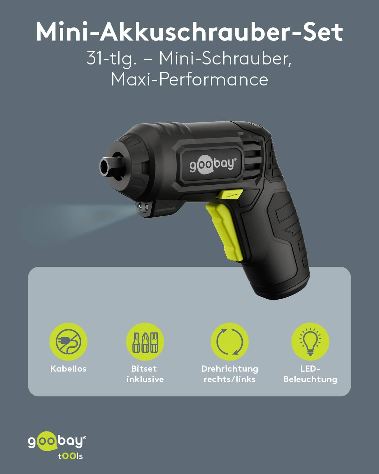 GOOBAY TOOLS Mini-Akkuschrauber-Set, 77818, 31-teilig