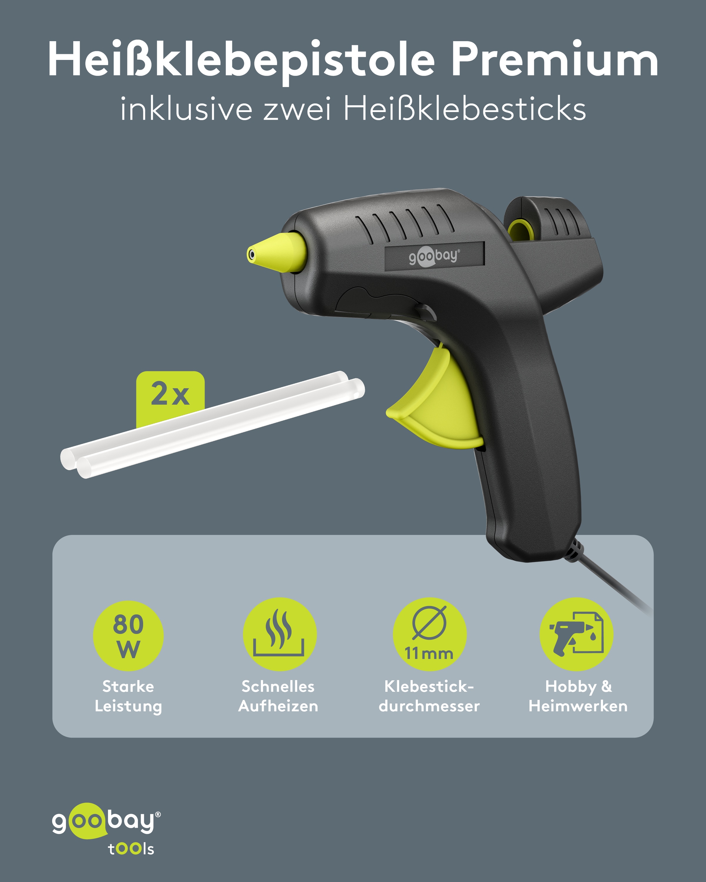 GOOBAY TOOLS Heißklebepistole Premium, 77824, 80 W, inkl. 2 Klebesticks