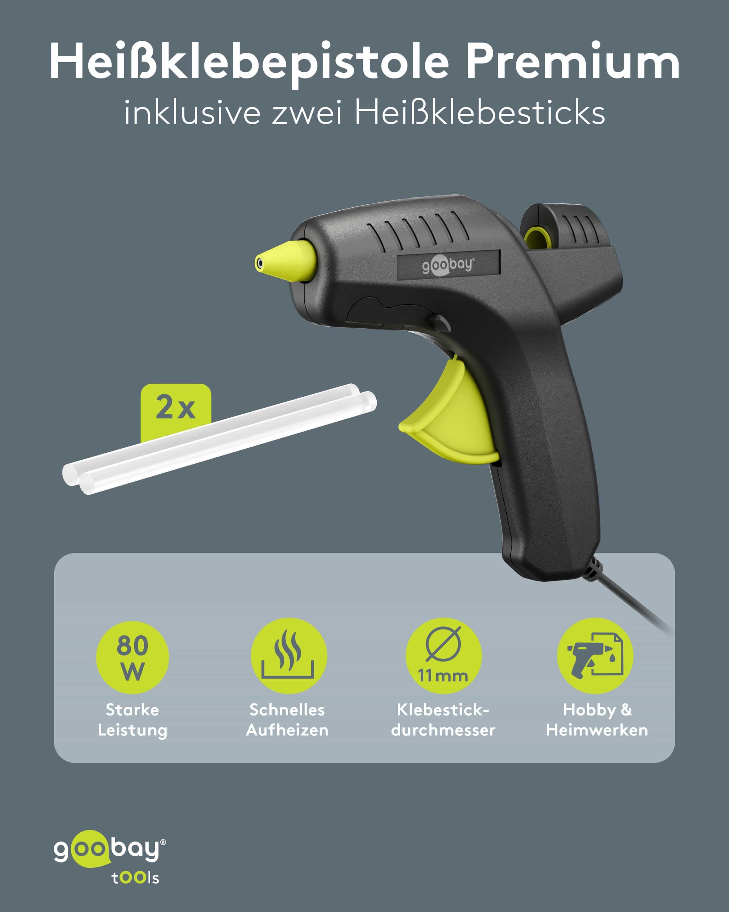 GOOBAY TOOLS Heißklebepistole Premium, 77824, 80 W, inkl. 2 Klebesticks