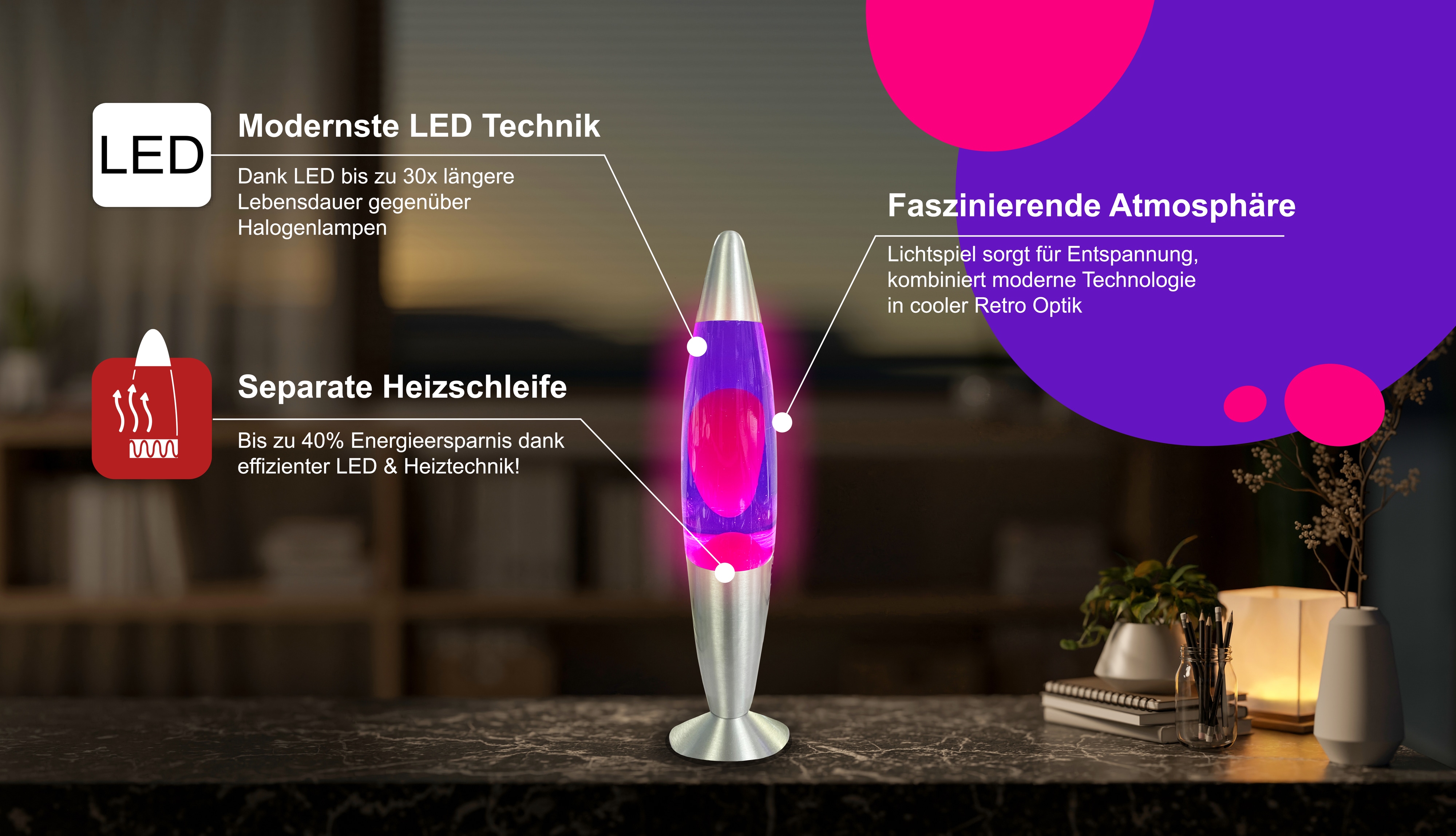 BLULAXA LED-Lava-Tischleuchte, 49984, 20W, 34 cm, rosa/lila